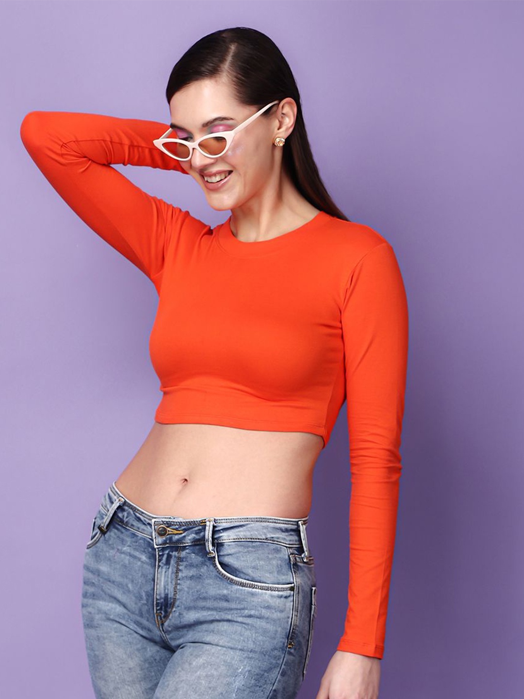 

SCORPIUS Round Neck Solid Fitted Crop Top, Orange