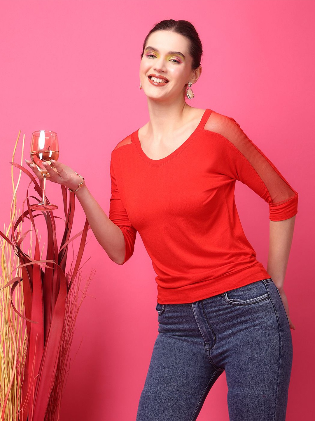SCORPIUS Round Neck Solid Cherry Red Top