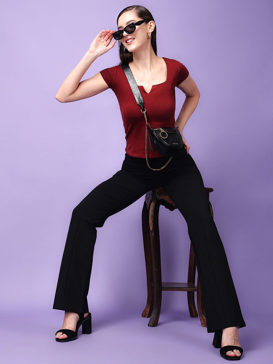 SCORPIUS Square Neck Solid Fitted Crop Top, Maroon