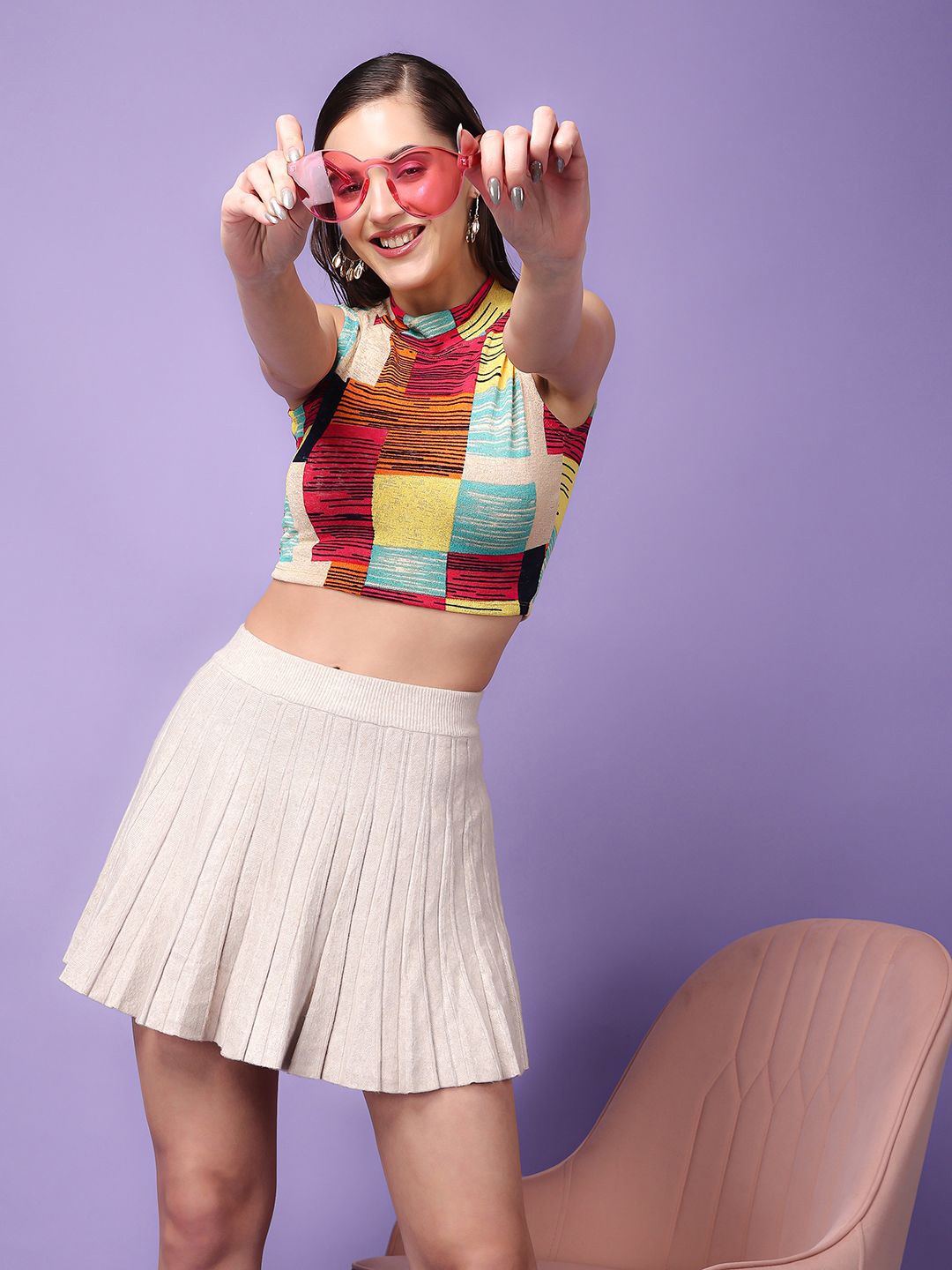 SCORPIUS Checked High Neck Fitted Crop Top, Yellow