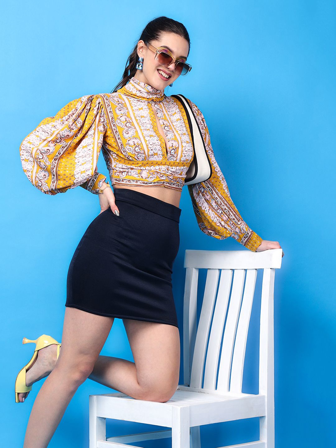 

SCORPIUS Ethnic Motifs Printed High Neck Crop Top, Yellow