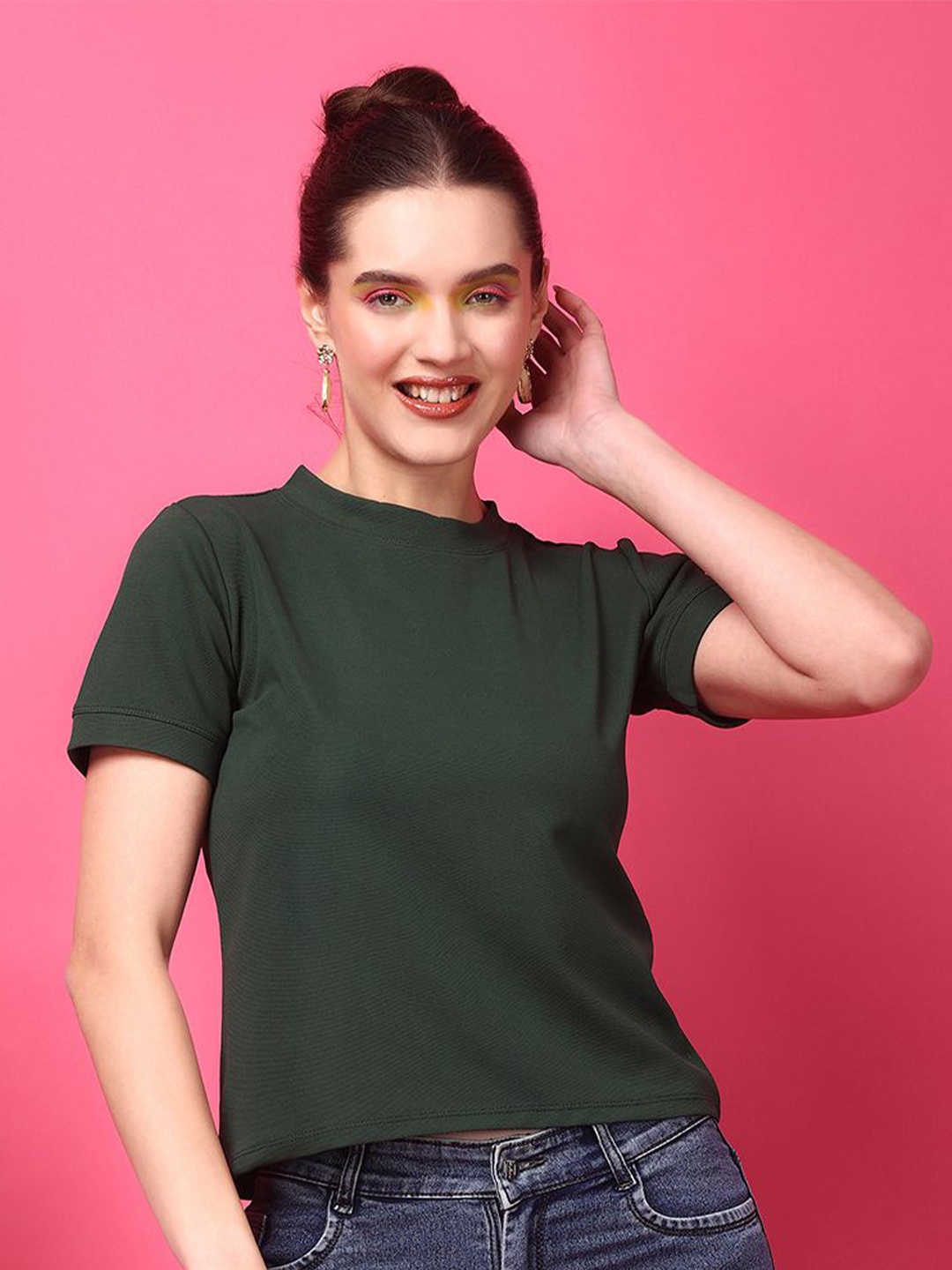 

SCORPIUS Round Neck Solid Crop Top, Teal