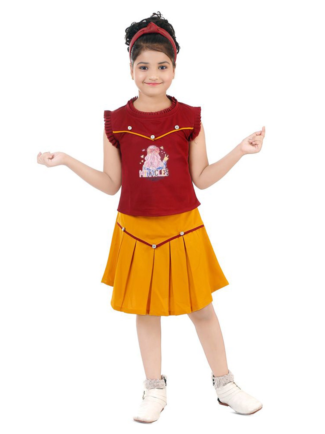 

BAESD Girls Printed Top With Skirt, Maroon
