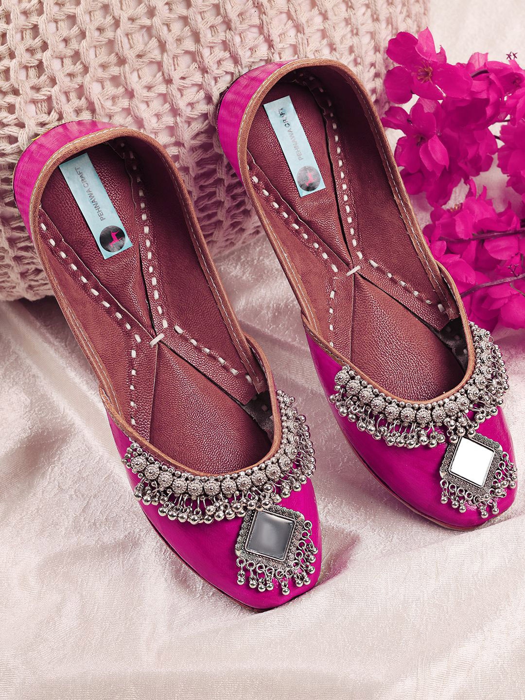 

PehnawaCraft Oxidised Meenakari Embellished Leather Handcrafted Mojaris, Pink