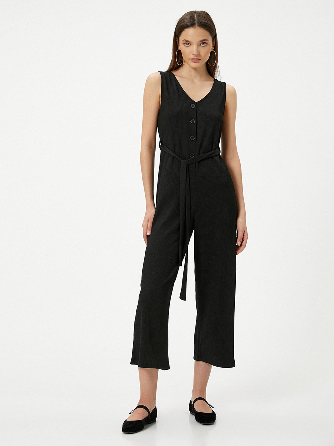 

Koton Striped V-Neck Basic Jumpsuit, Black