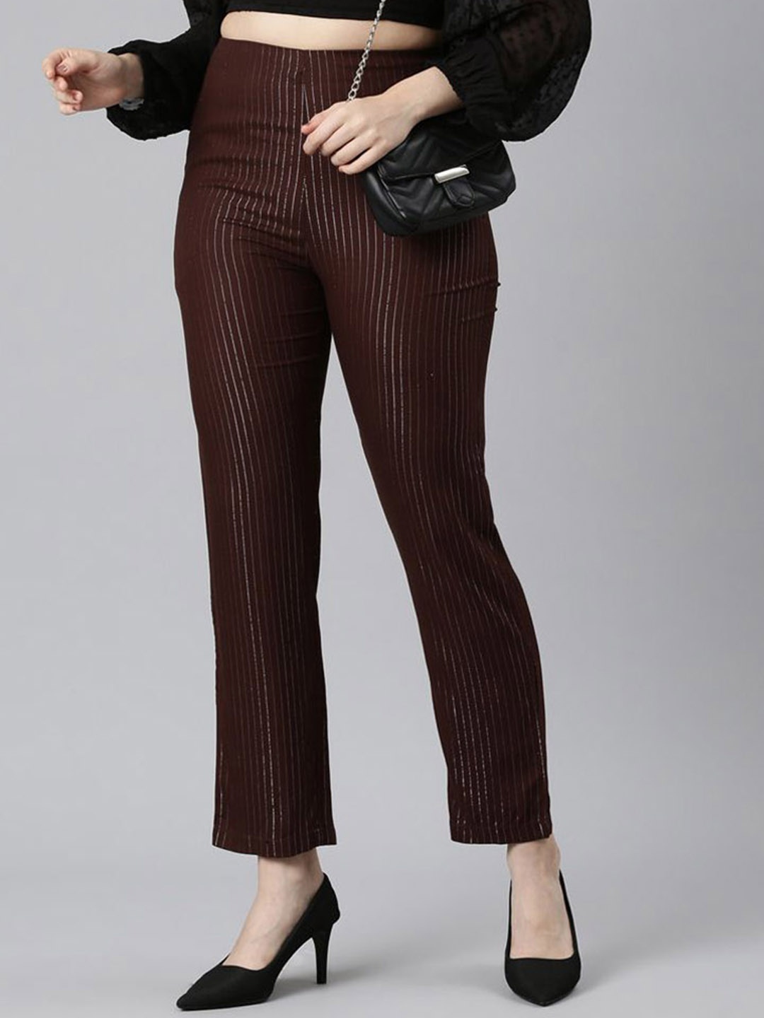 

Souchii Women Striped Tailored High-Rise Easy Wash Trousers, Brown