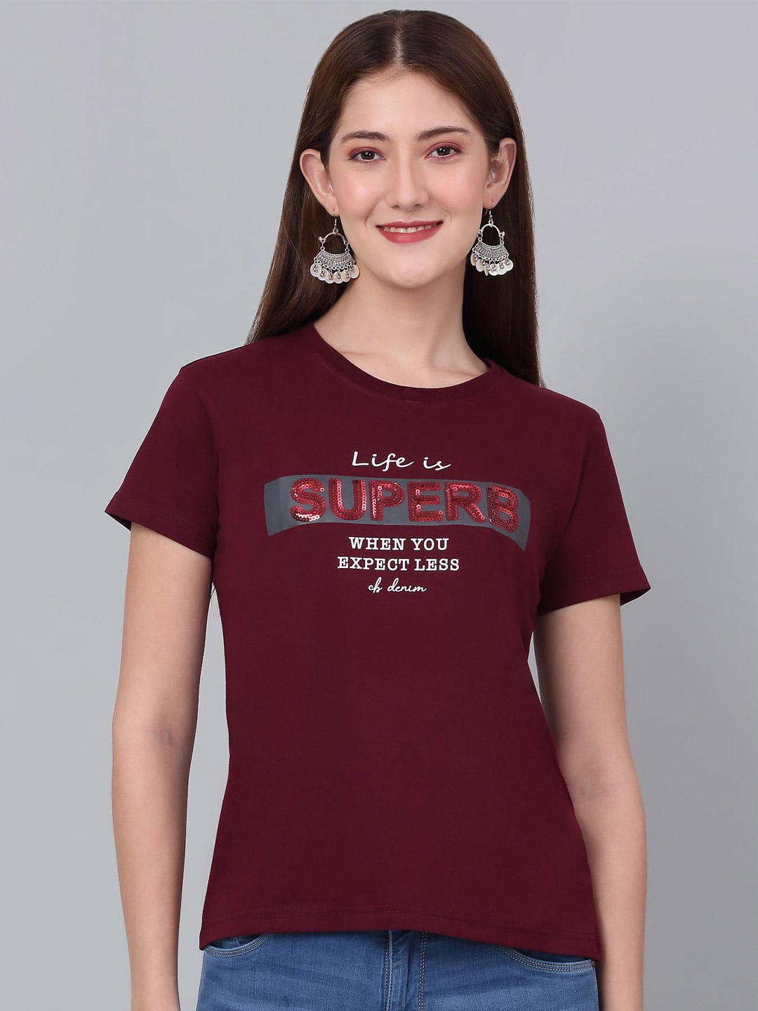 

Cantabil Women Embellished Typography Printed Round Neck T-shirt, Maroon