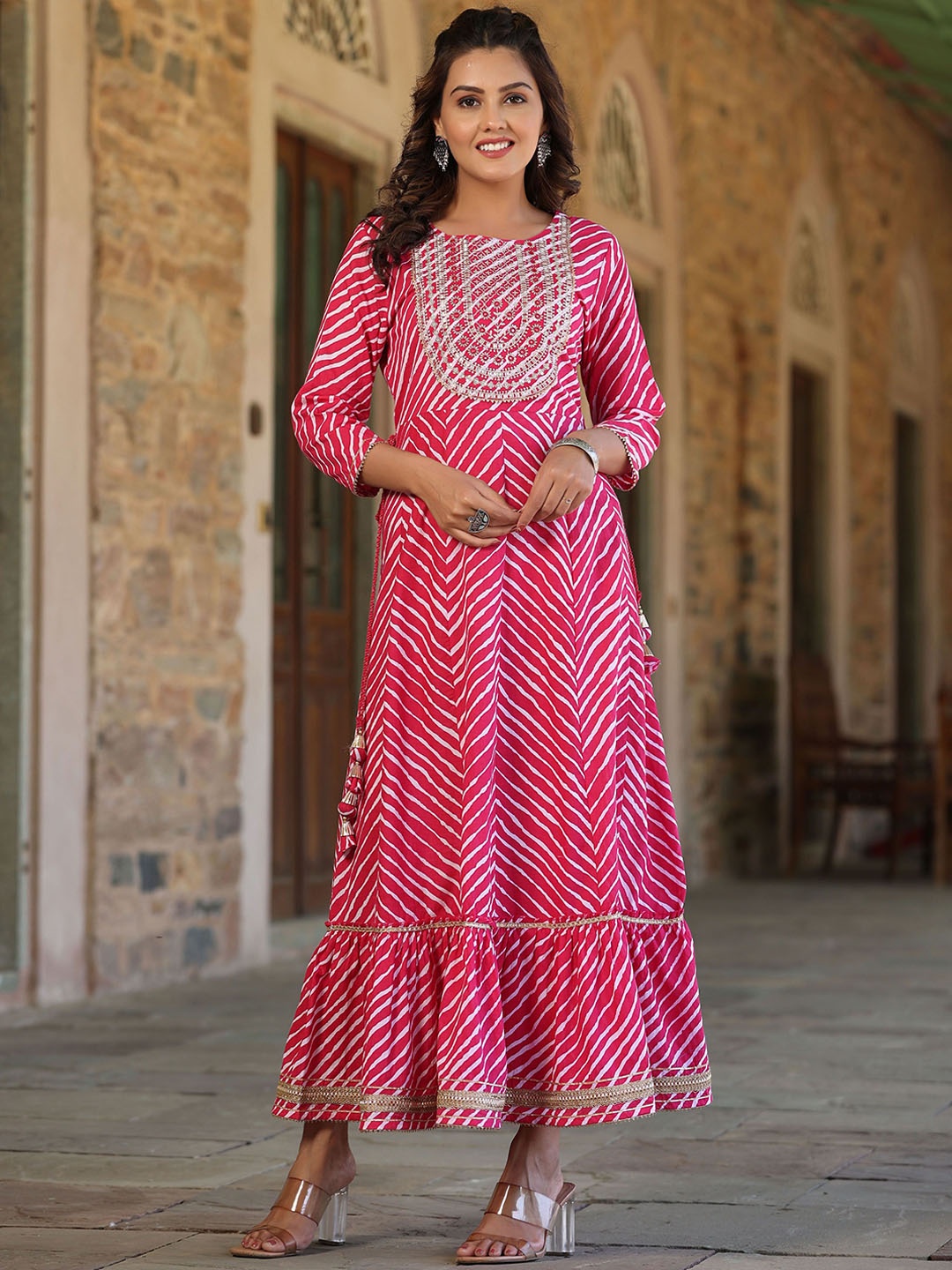 

Juniper Leheriya Embroidered Sequined Cotton Fit & Flared Ethnic Dresses, Pink