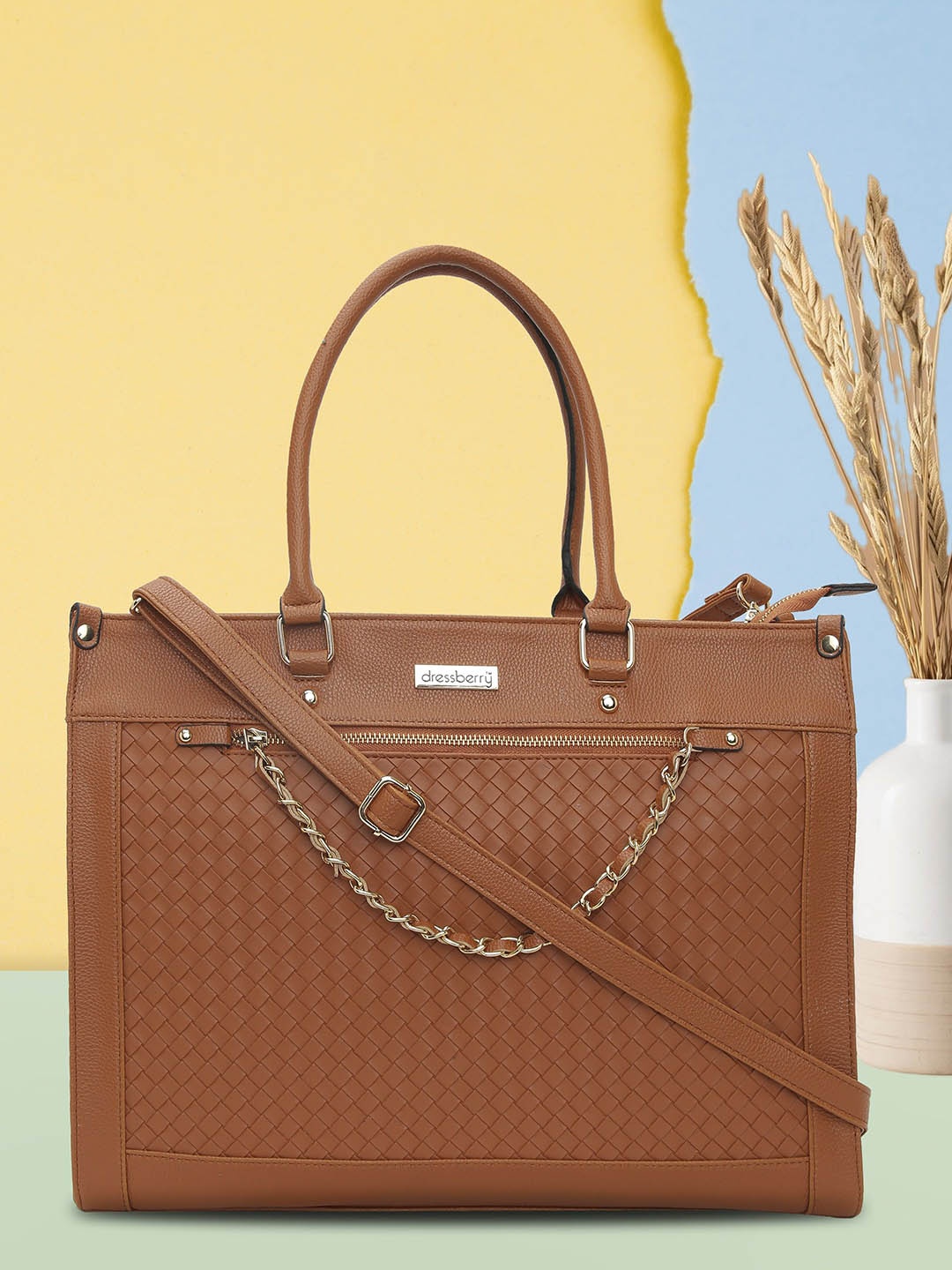 DressBerry Women Textured Structured Tote Bag, Tan