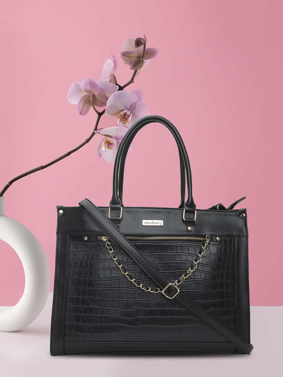 

DressBerry Textured Bucket Shoulder Bag with Cut Work, Black