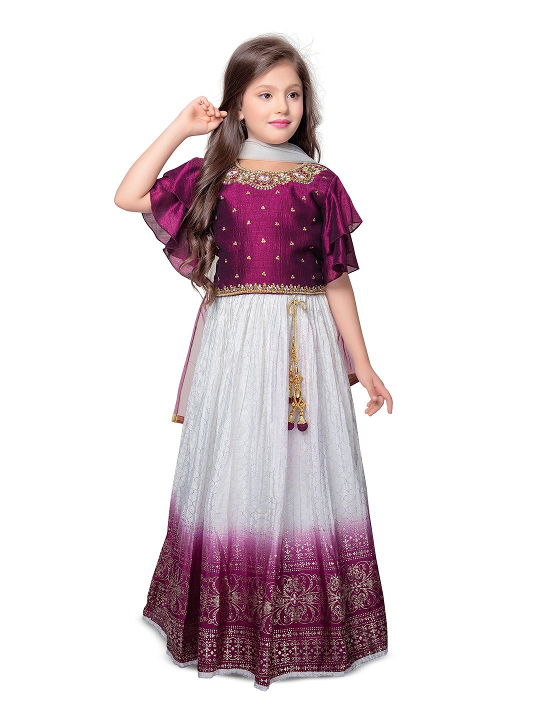

BETTY Girls Embroidered Beads and Stones Ready to Wear Lehenga & Blouse With Dupatta, Purple