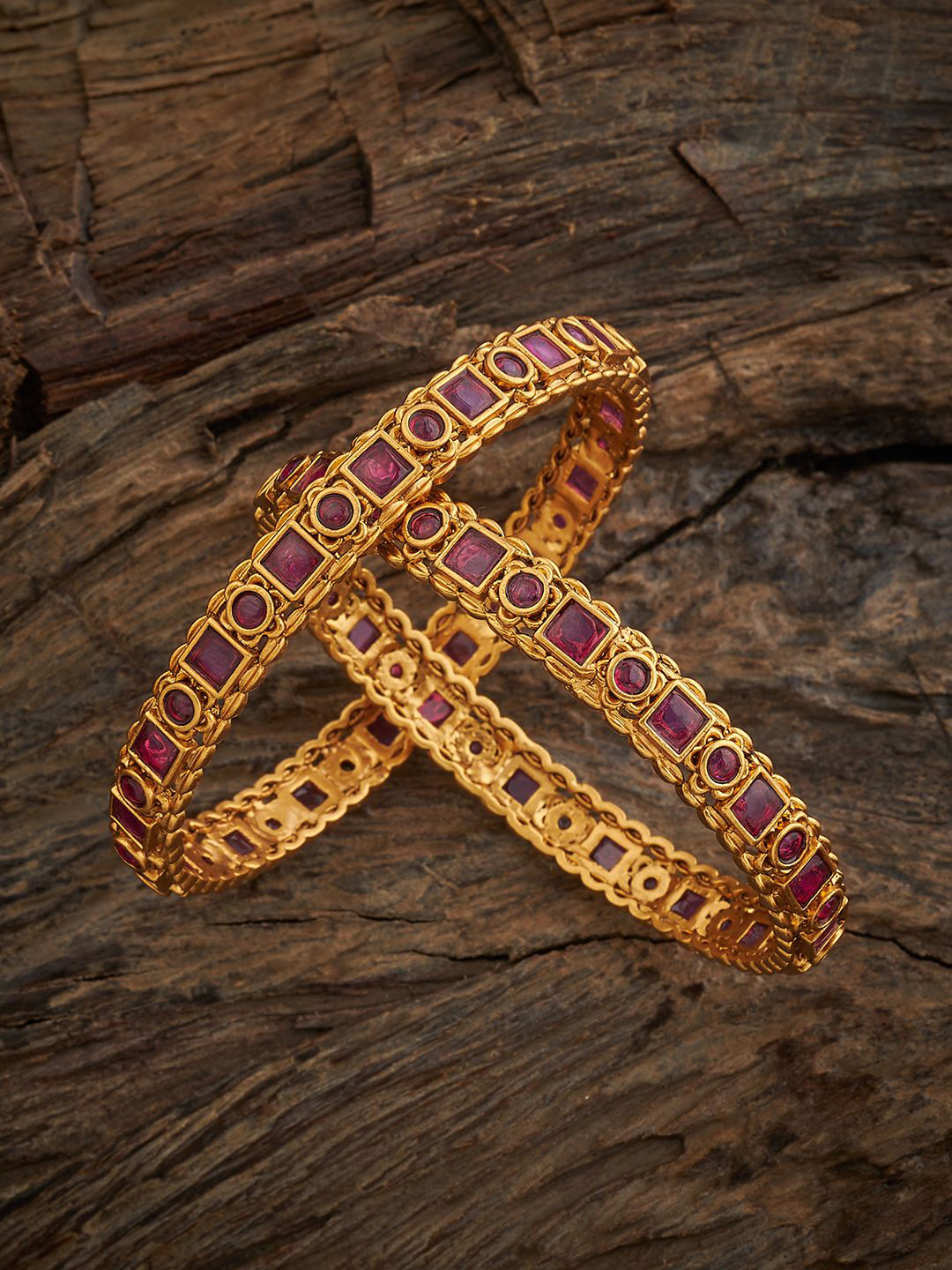 

Kushal's Fashion Jewellery Set of 2 Gold-Plated Artificial Stones Studded Antique Bangles