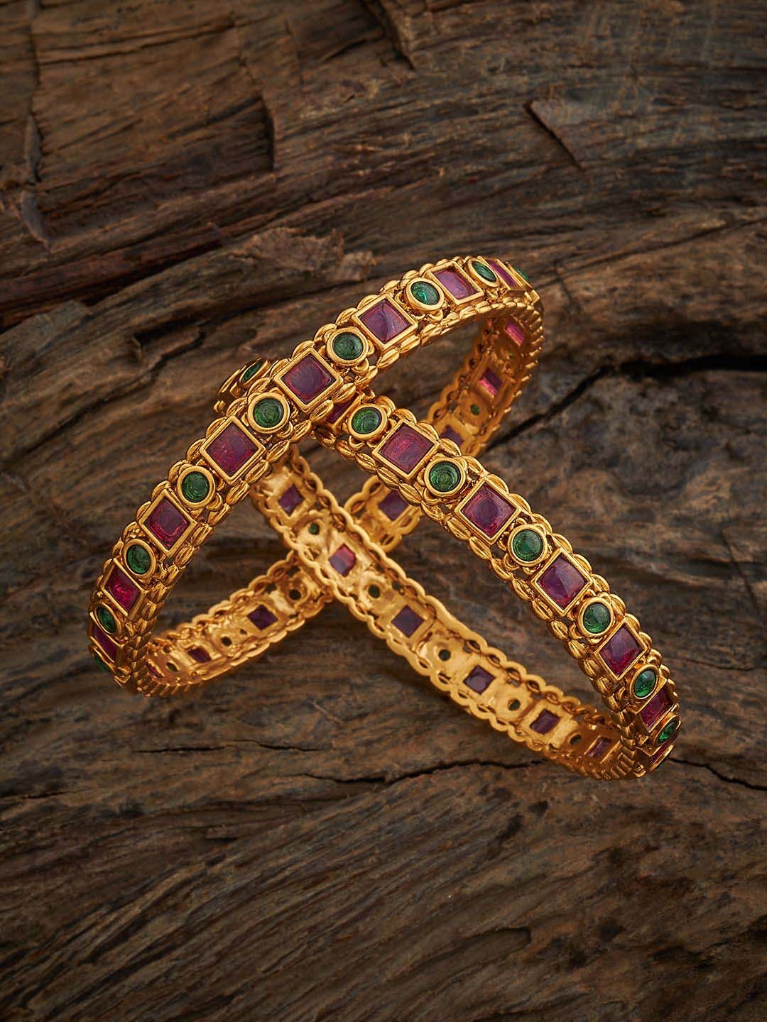 

Kushal's Fashion Jewellery Set of 2 Gold-Plated Stone Studded Bangles