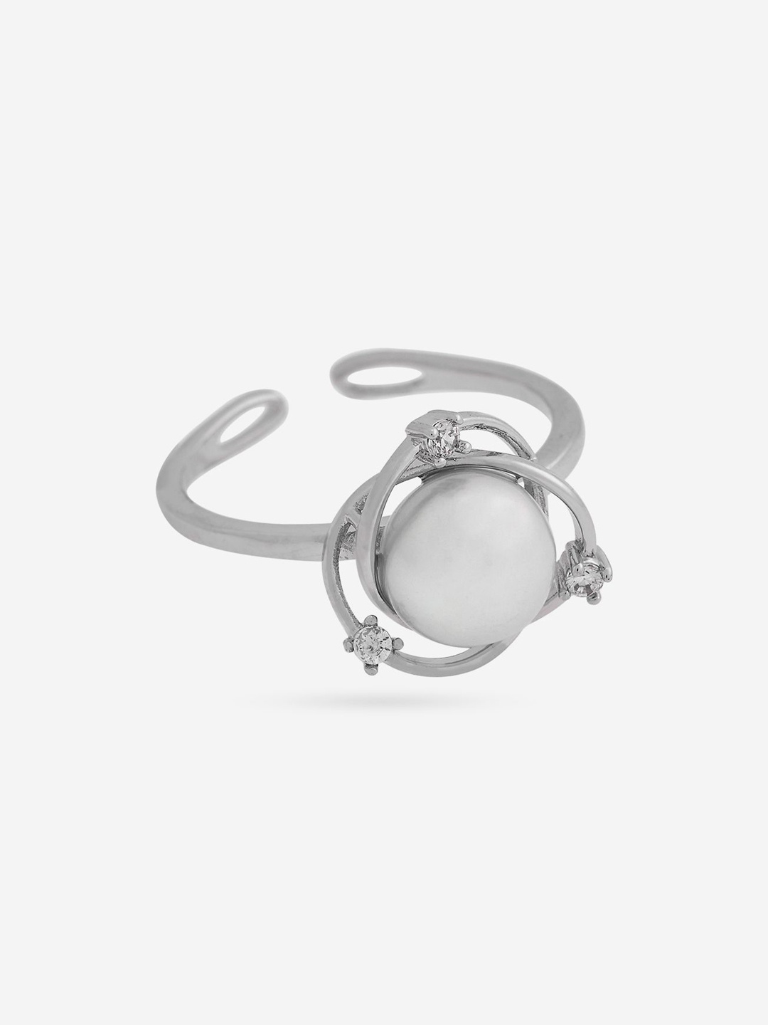 

Kushal's Fashion Jewellery Rhodium-Plated Zircon & Pearl Studded Finger Ring, White