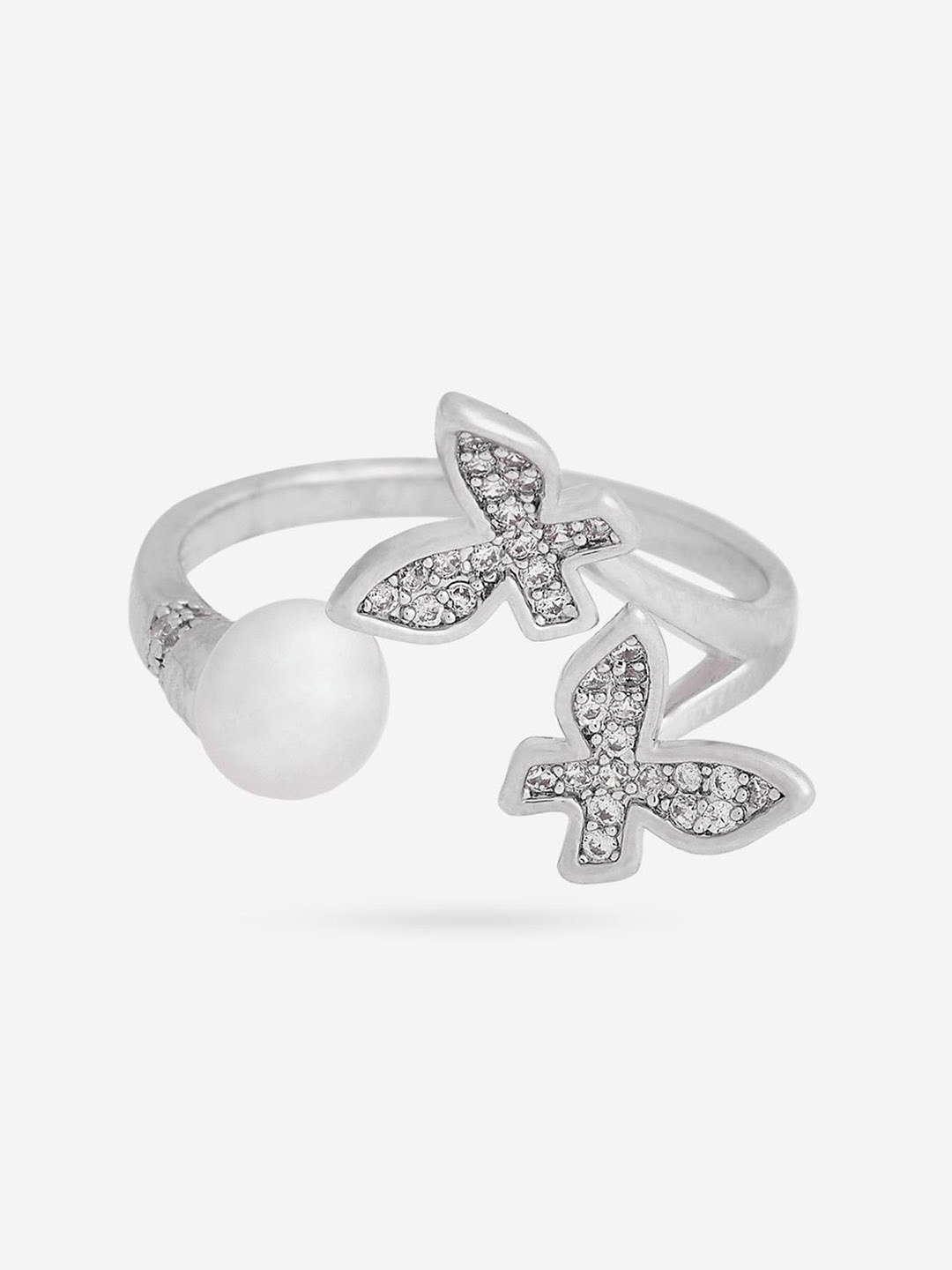 

Kushal's Fashion Jewellery Rhodium-Plated Zircon & Pearl Studded Finger Ring, White