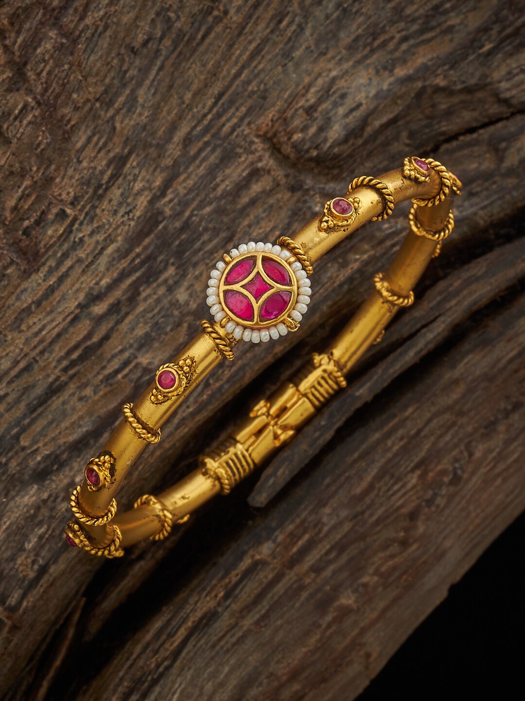 

Kushal's Fashion Jewellery Antique Gold-Plated Kada Bracelet, Red