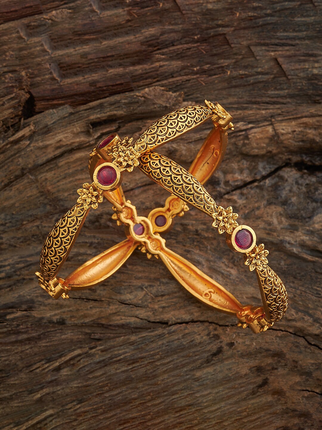 

Kushal's Fashion Jewellery Set Of 2 Gold Plated Ruby-Studded Antique Bangles