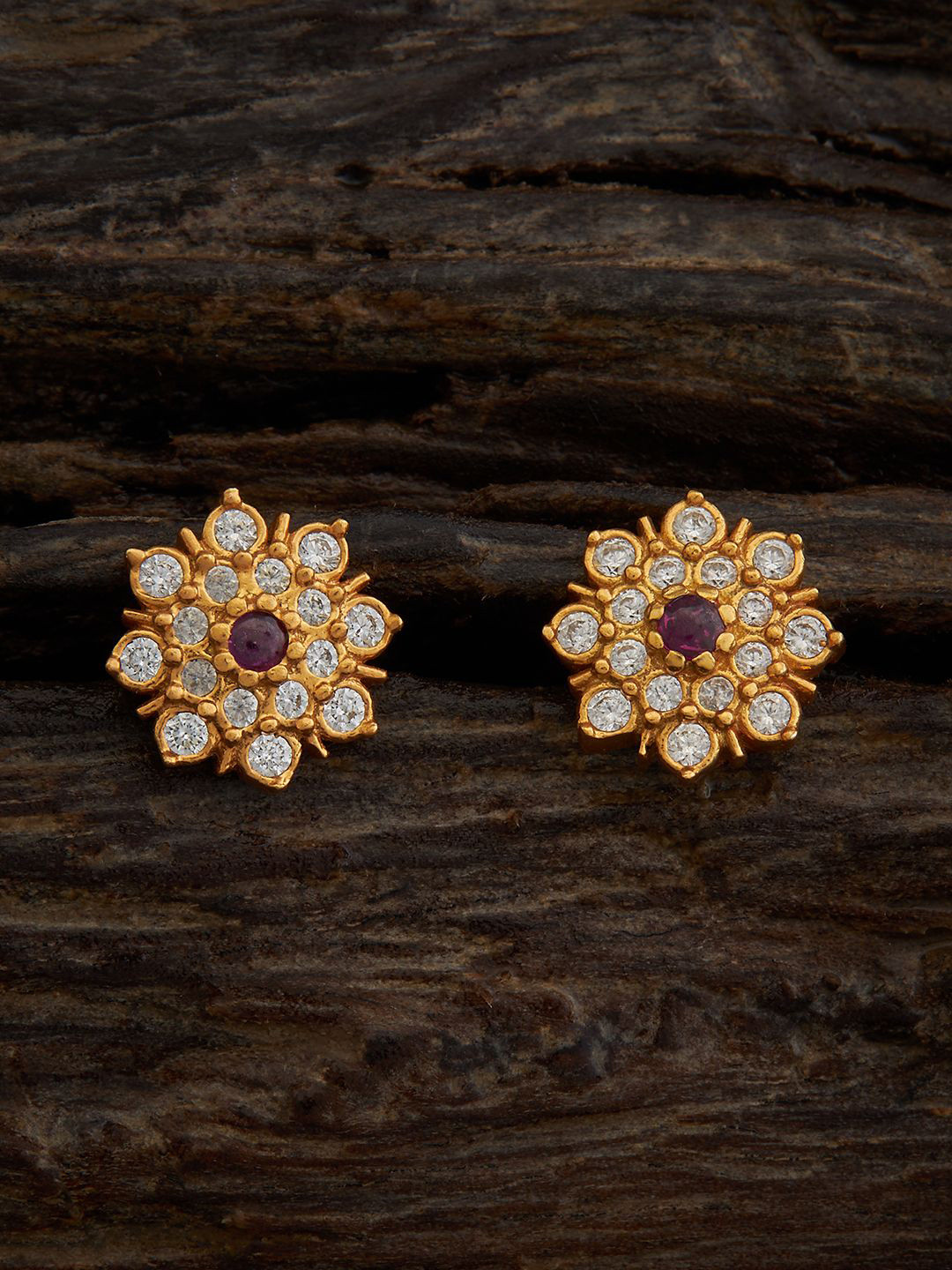 

Kushal's Fashion Jewellery 92.5 Pure Silver Gold-Plated Stones Circular Studs Earrings, Red