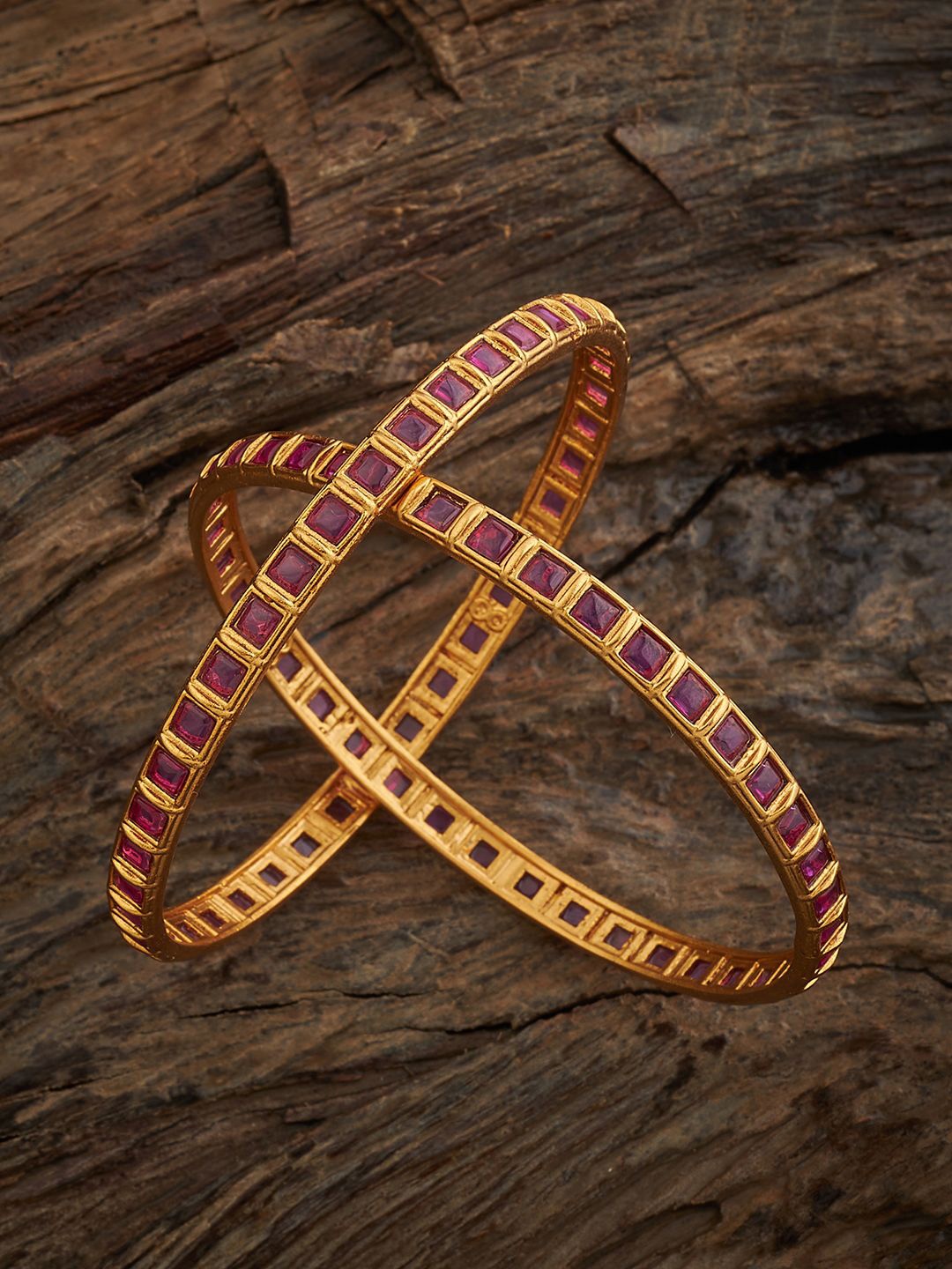 

Kushal's Fashion Jewellery Set Of 2 Gold Plated Ruby-Studded Antique Bangles