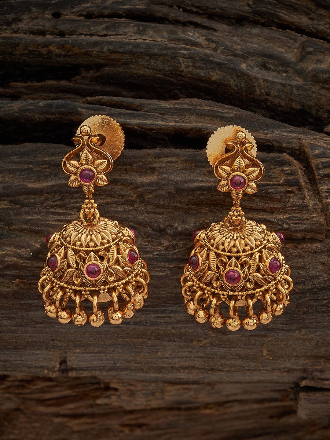 

Kushal's Fashion Jewellery Gold-Plated Dome Shaped Artificial Stones Jhumkas, Red