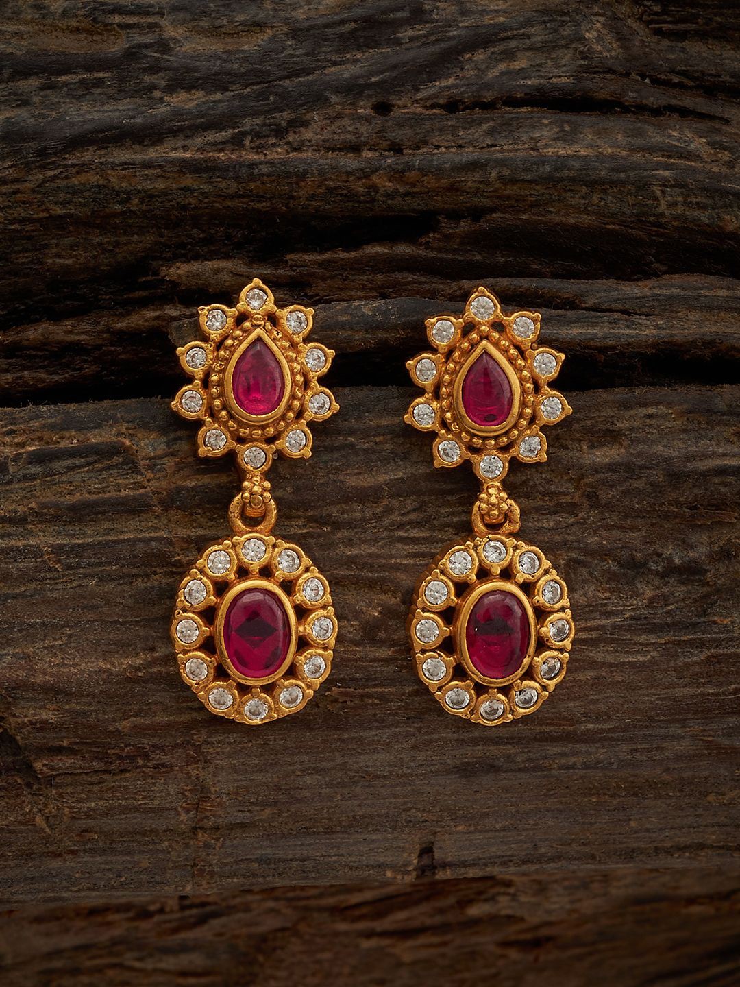 

Kushal's Fashion Jewellery 92.5 Pure Silver Gold-Plated Artificial Stones Drop Earrings, Red