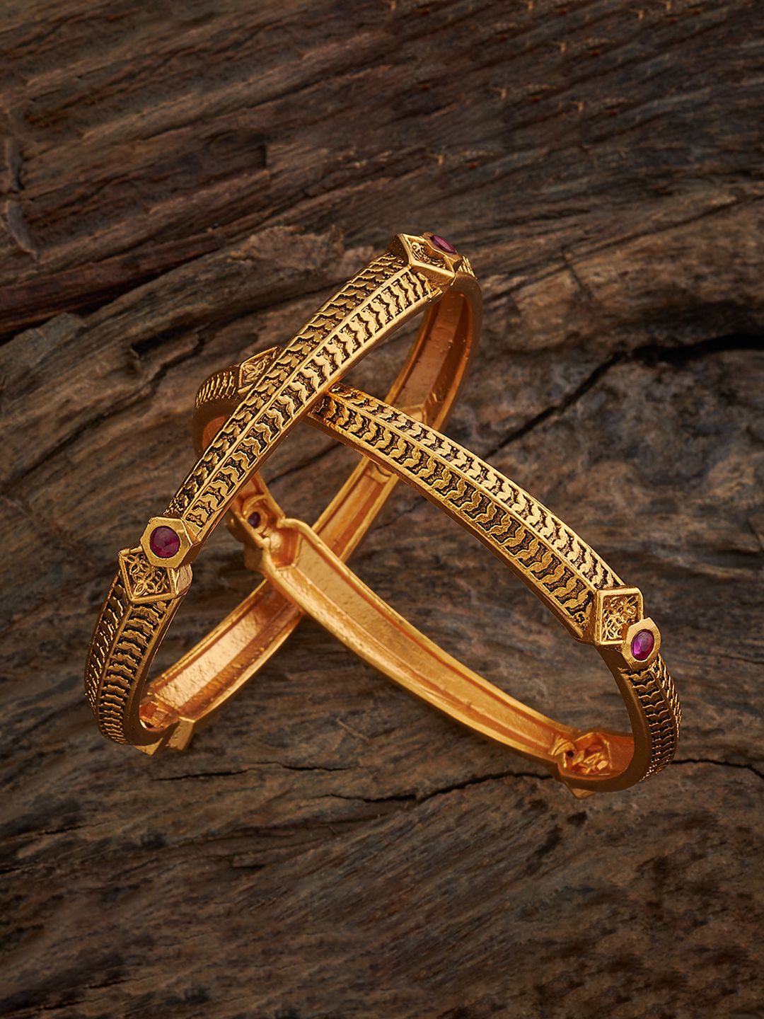 

Kushal's Fashion Jewellery Set Of 2 Gold Plated Artificial Stones Studded Antique Bangles