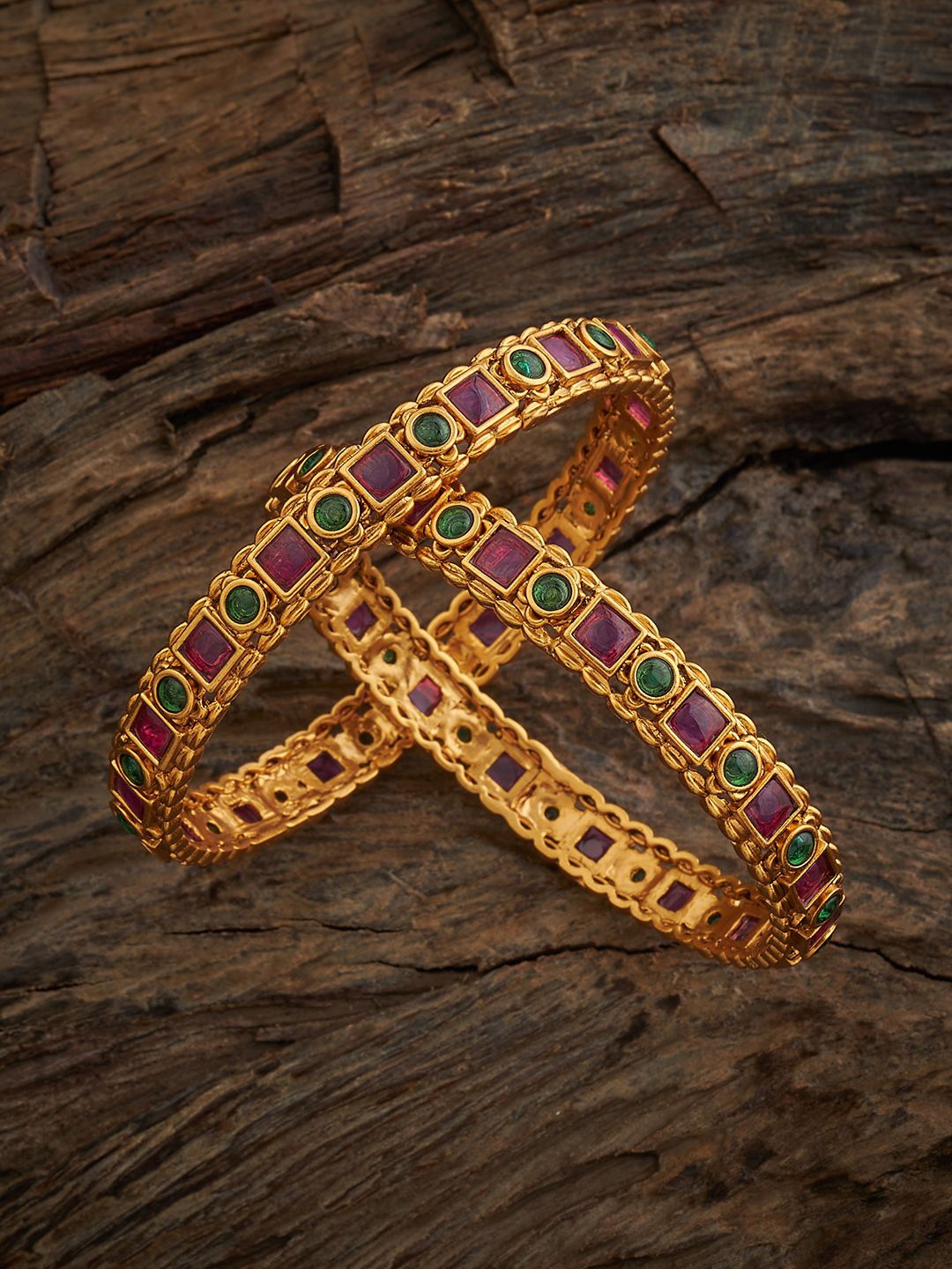 

Kushal's Fashion Jewellery Set Of 2 Gold Plated Artificial Stones Studded Antique Bangles