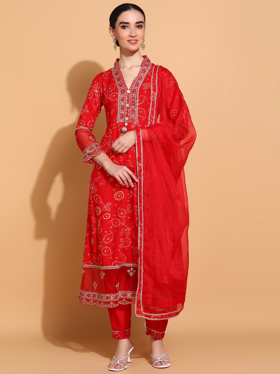 

KALINI Bandhani Printed V-Neck Zari Anarkali Kurta With Trousers & Dupatta, Red