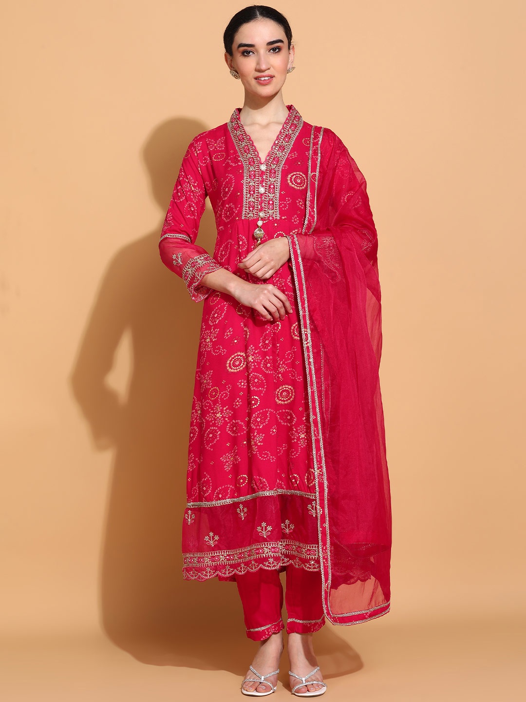 

KALINI Bandhani Embroidered V-Neck Anarkali Kurta With Trousers & Dupatta, Pink
