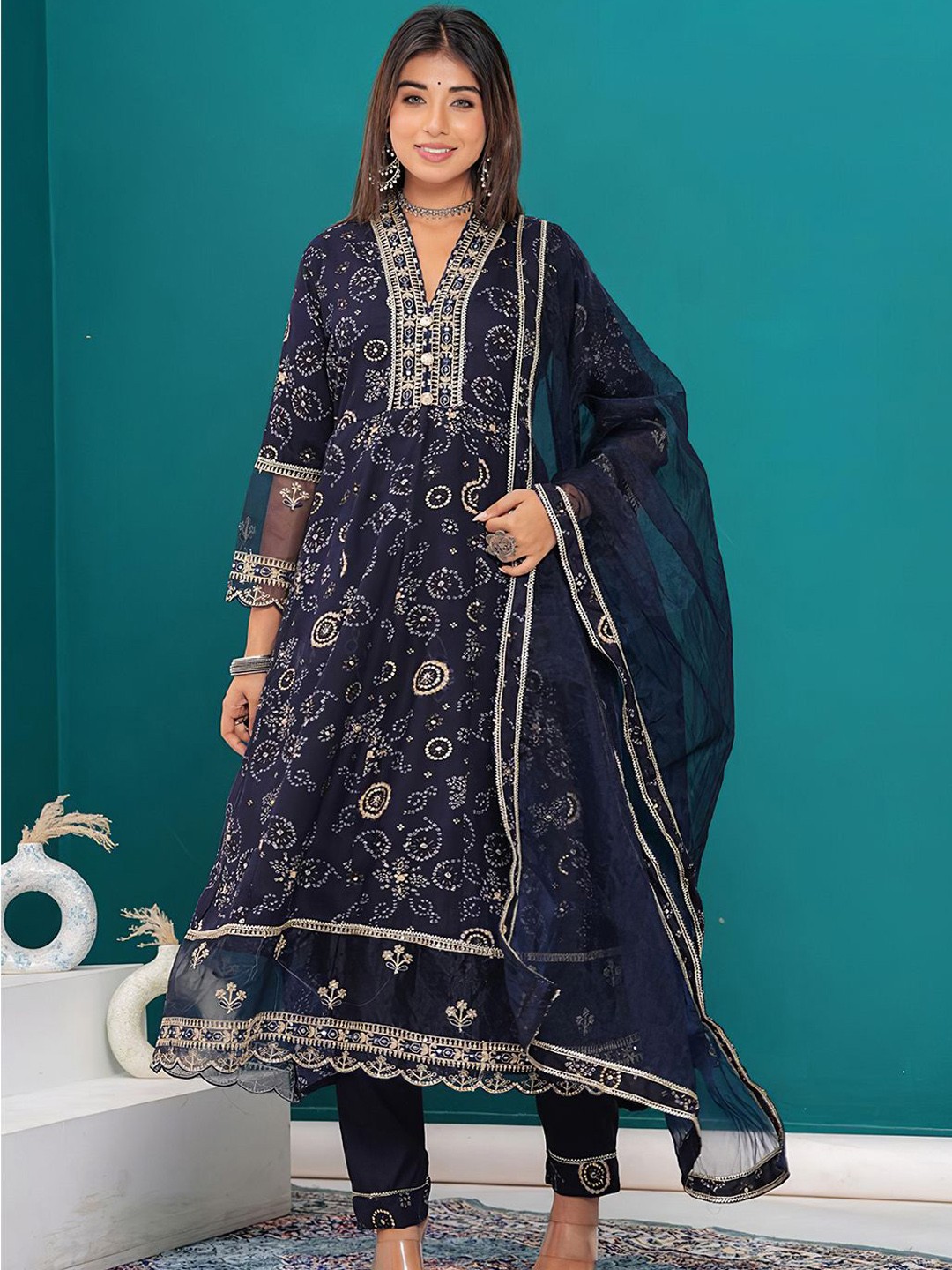 

KALINI Bandhani Embroidered Mirror Work Anarkali Kurta With Trousers & Dupatta, Navy blue