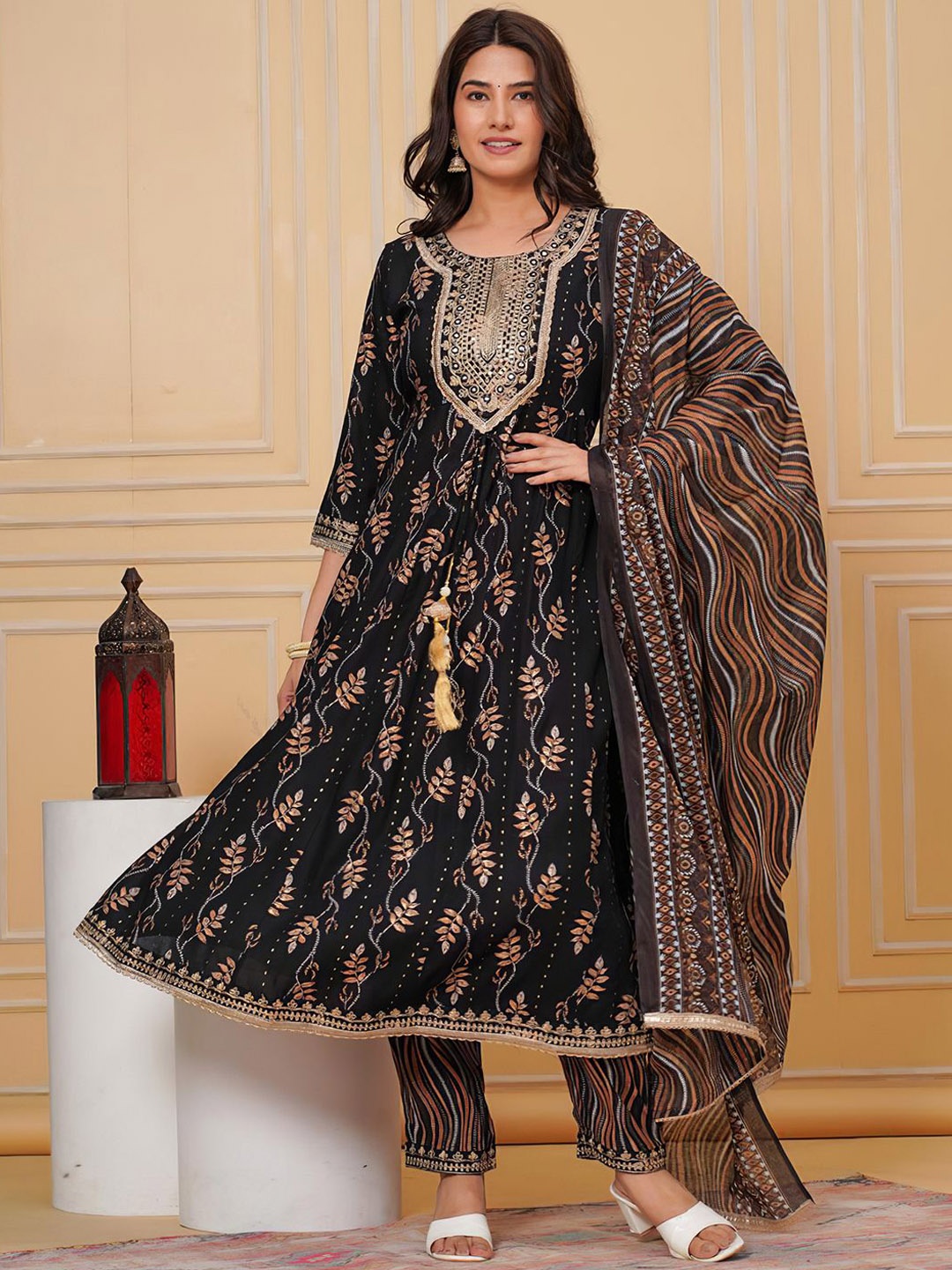 

KALINI Floral Embroidered Round Neck Anarkali Kurta With Trousers & Dupatta, Black