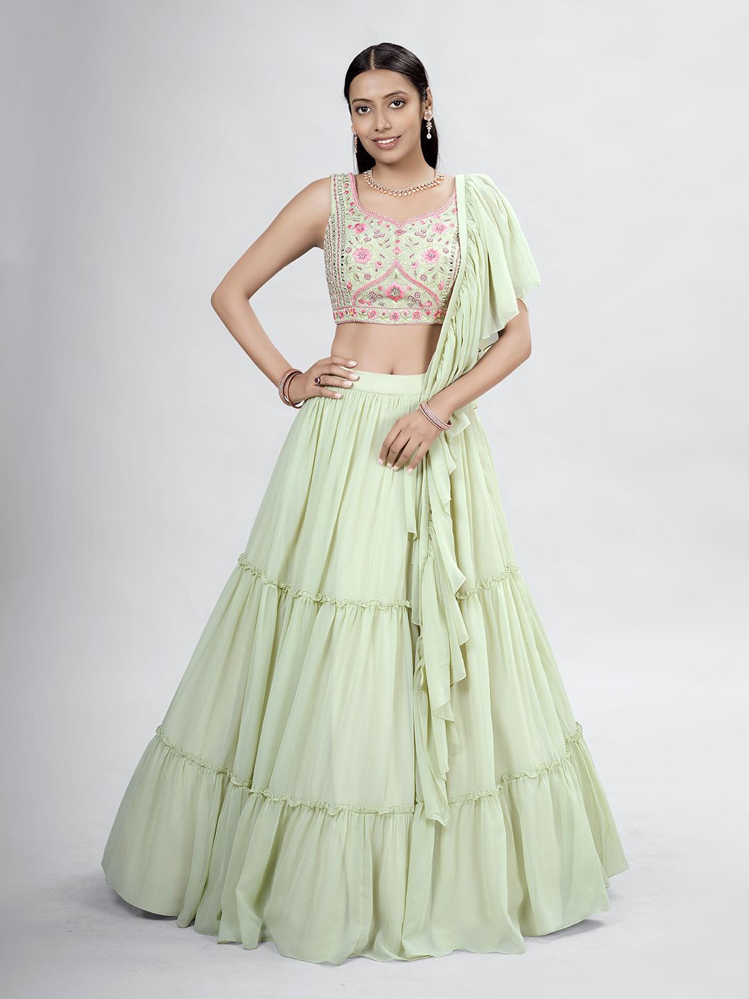 

Fusionic Embellished Thread Work Semi-Stitched Lehenga & Unstitched Blouse With Dupatta, Green