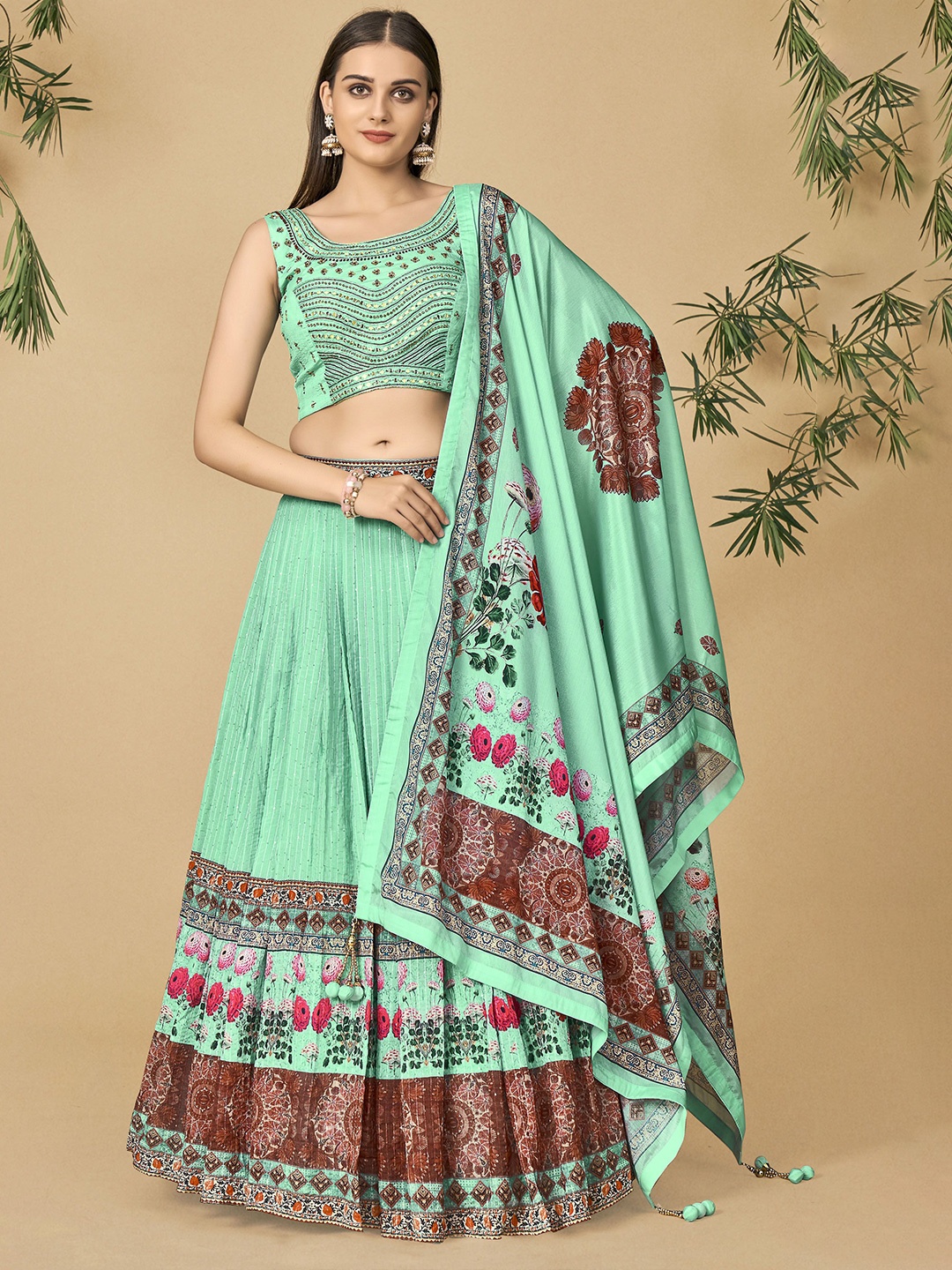 

Fusionic Embellished Mirror Work Ready to Wear Lehenga & Blouse With Dupatta, Sea green