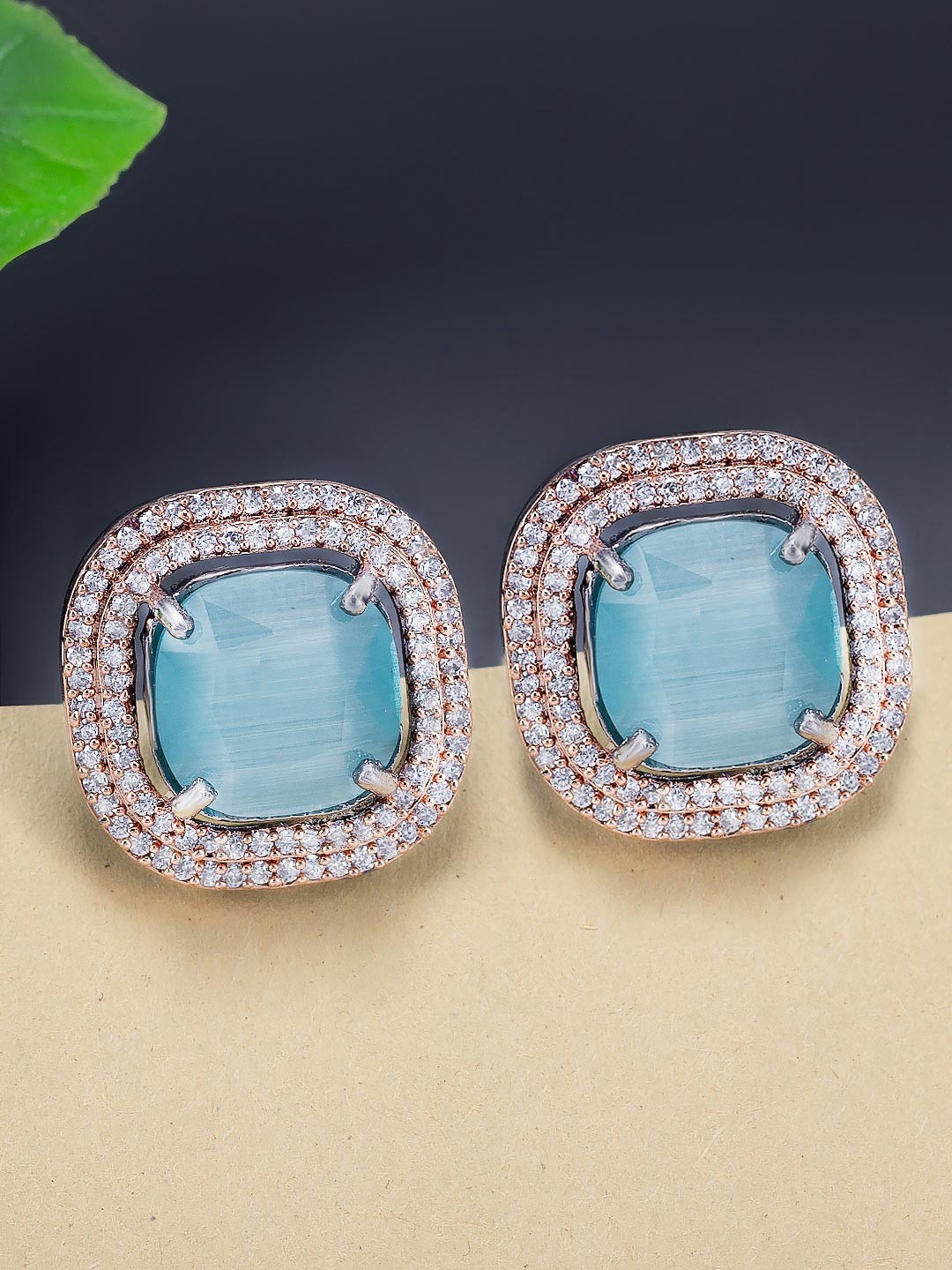 

PRIVIU Rose Gold-Plated American Diamond Studded Square Studs Earrings, Blue