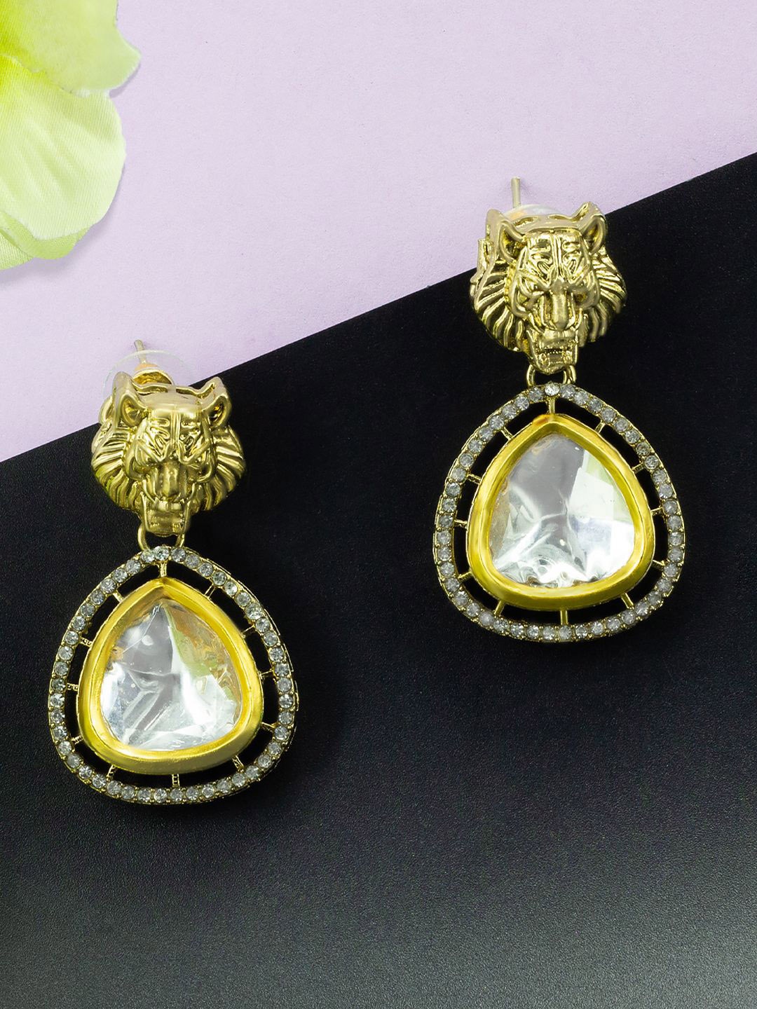 

PRIVIU Animal Shaped American Diamond Gold-Plated Drop Earrings