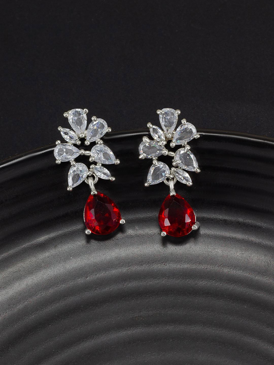 

PRIVIU Rhodium Plated Teardrop Shaped Drop Earrings, Red