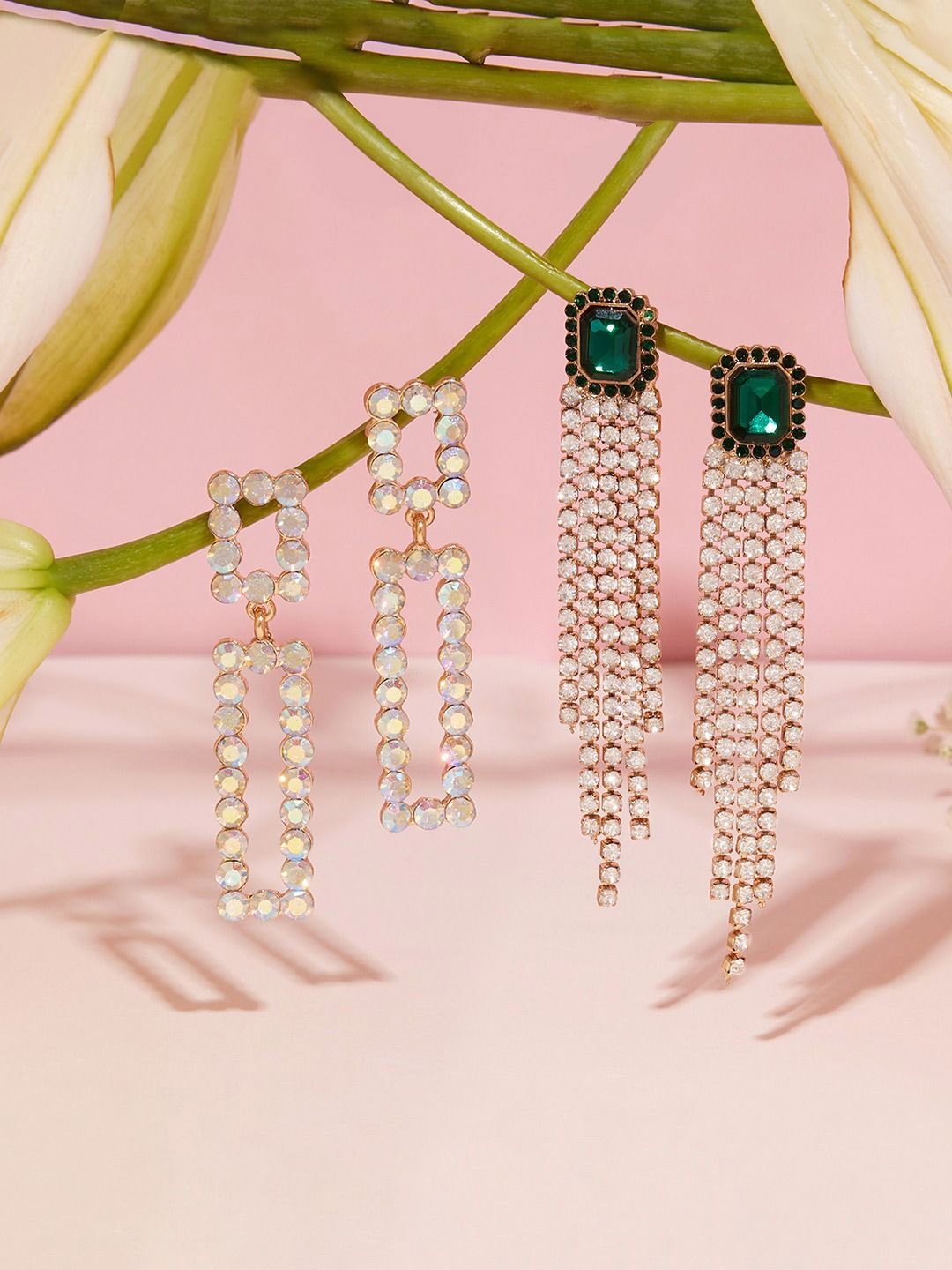 

AMI Set Of 2 Gold Plated Stone Studded Contemporary Drop Earrings