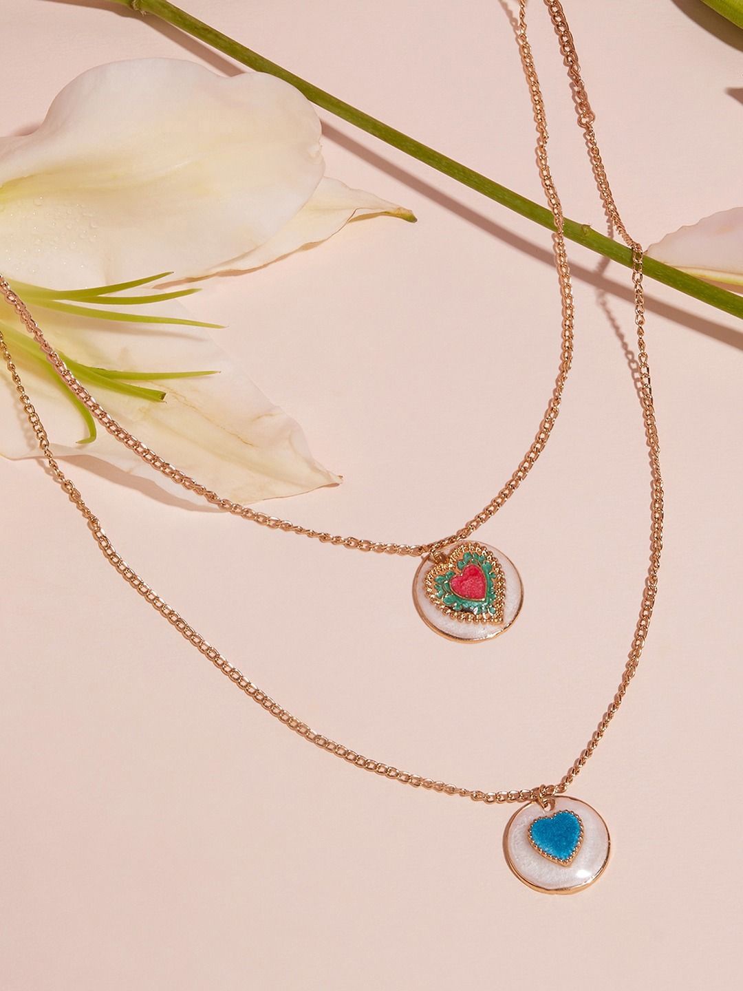 

AMI Set of 2 Gold-Plated Contemporary Circular Pendants With Chains, Red