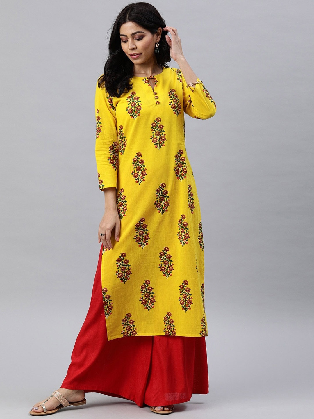 

KALINI Ethnic Motifs Printed Keyhole Neck Cotton Straight Kurta, Yellow