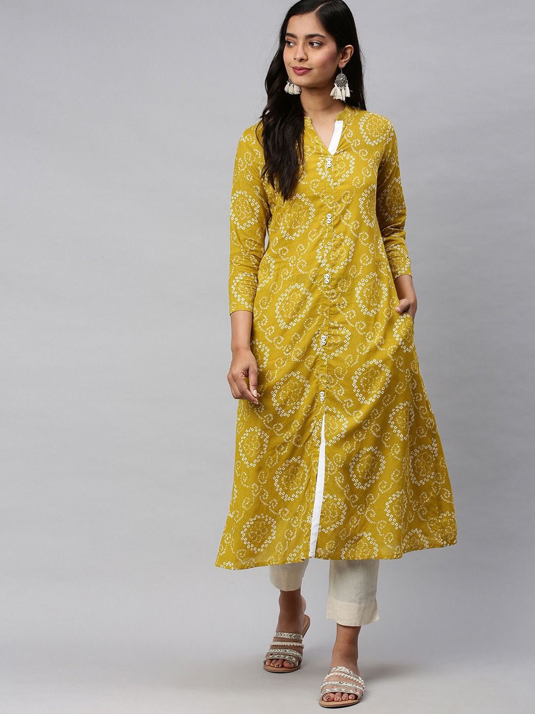 

KALINI Bandhani Printed Cotton A-Line Kurta, Mustard