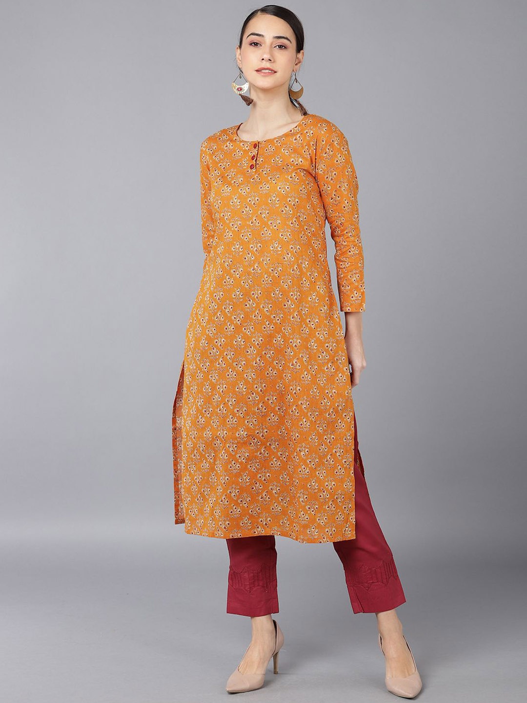 

KALINI Ethnic Motifs Printed Round Neck Cotton Straight Kurta, Orange