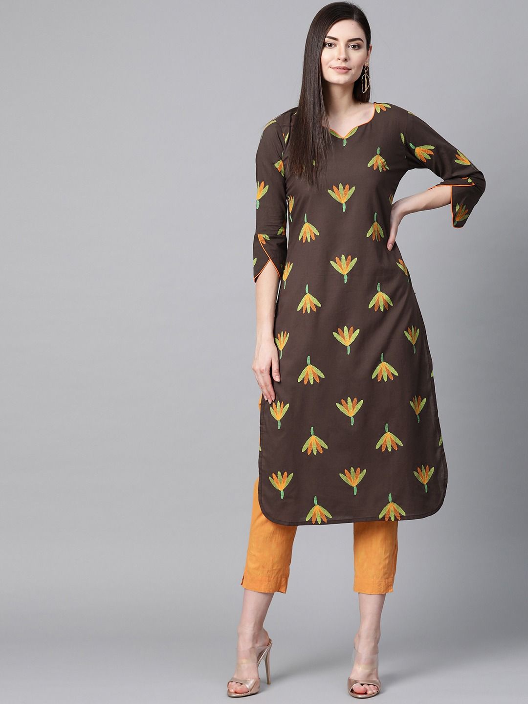 

KALINI Floral Embroidered Thread Work Cotton Straight Kurta, Brown