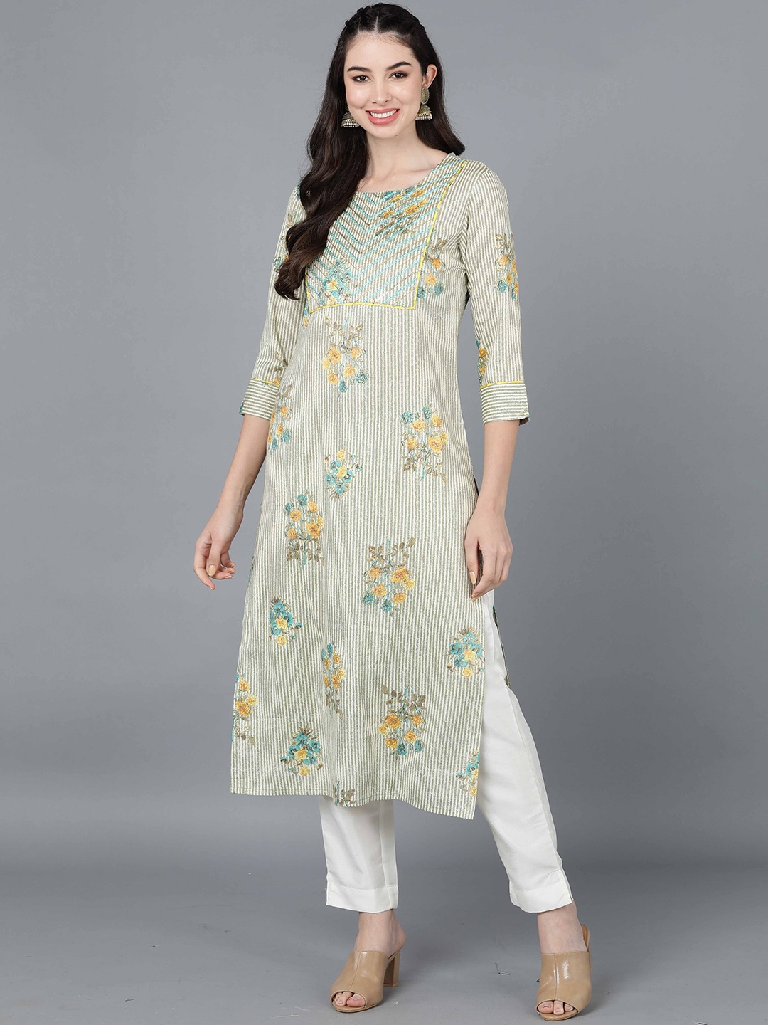 KALINI Floral Printed Round Neck Sequins Straight Kurta, Green