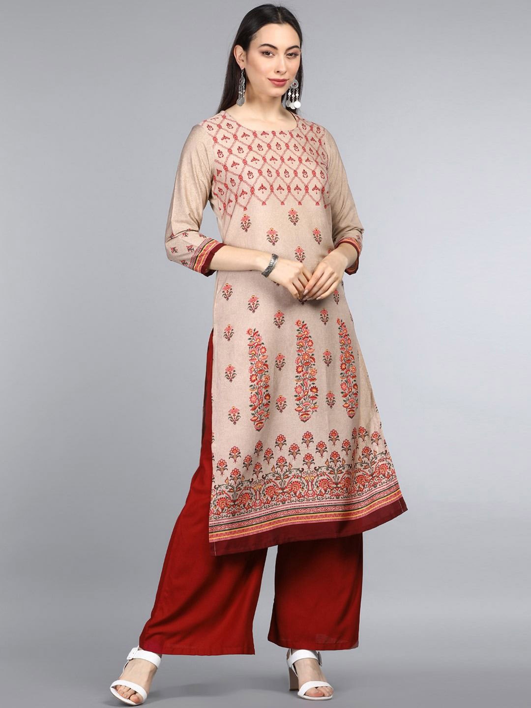 

KALINI Ethnic Motifs Printed Round Neck Three-Quarter Sleeves Crepe Straight Kurta, Beige