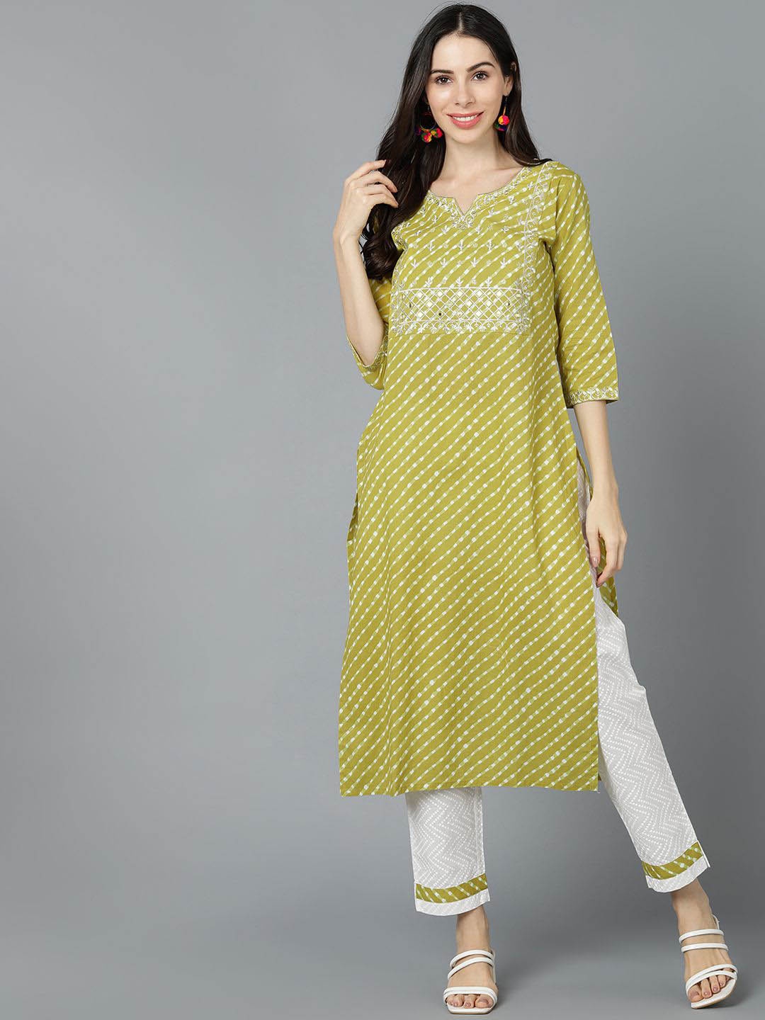 

KALINI Women Leheriya Printed Embroidered Thread Work Cotton Straight Kurta, Yellow