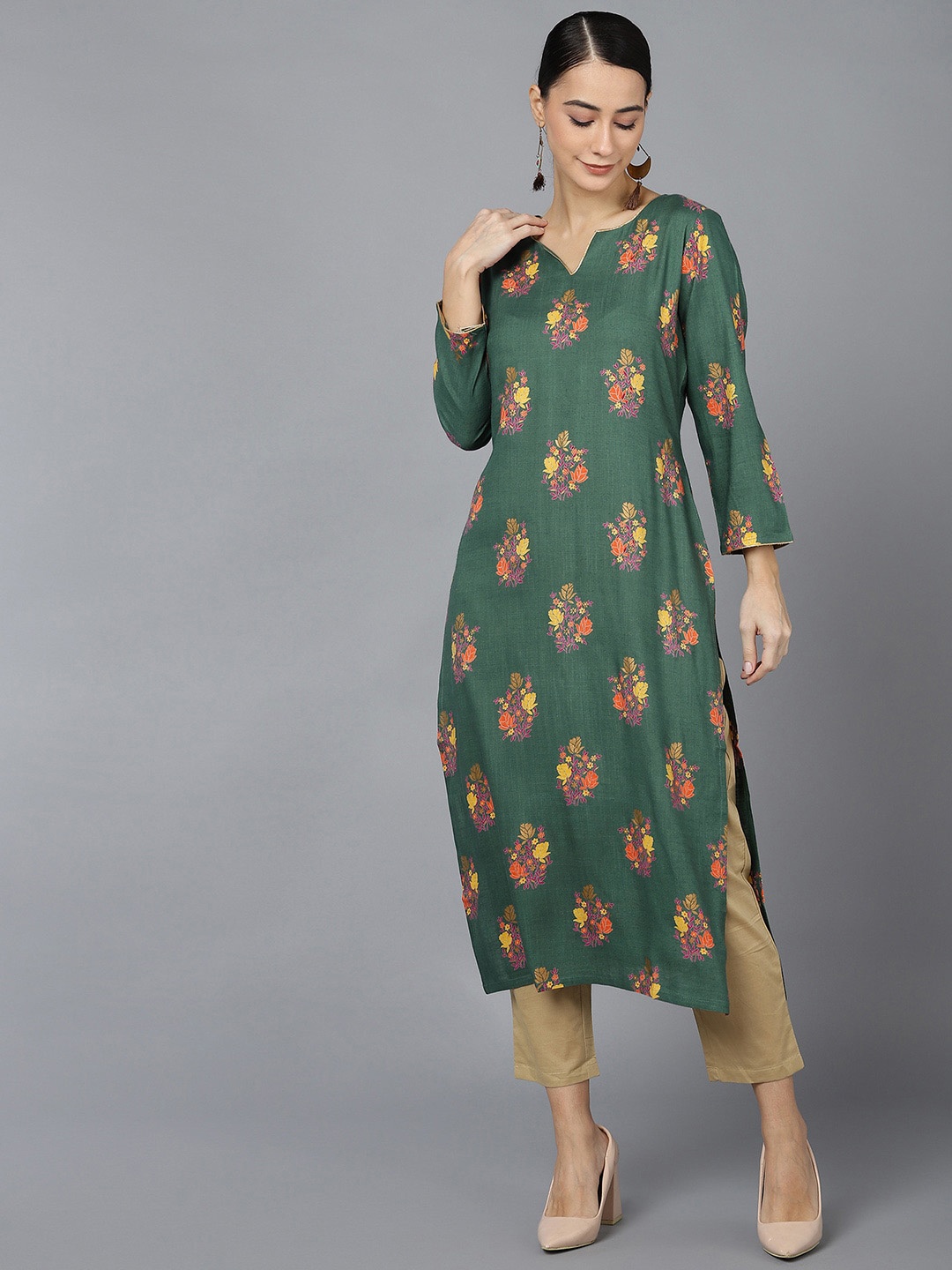 

KALINI Floral Printed Notch Neck Straight Kurta, Green