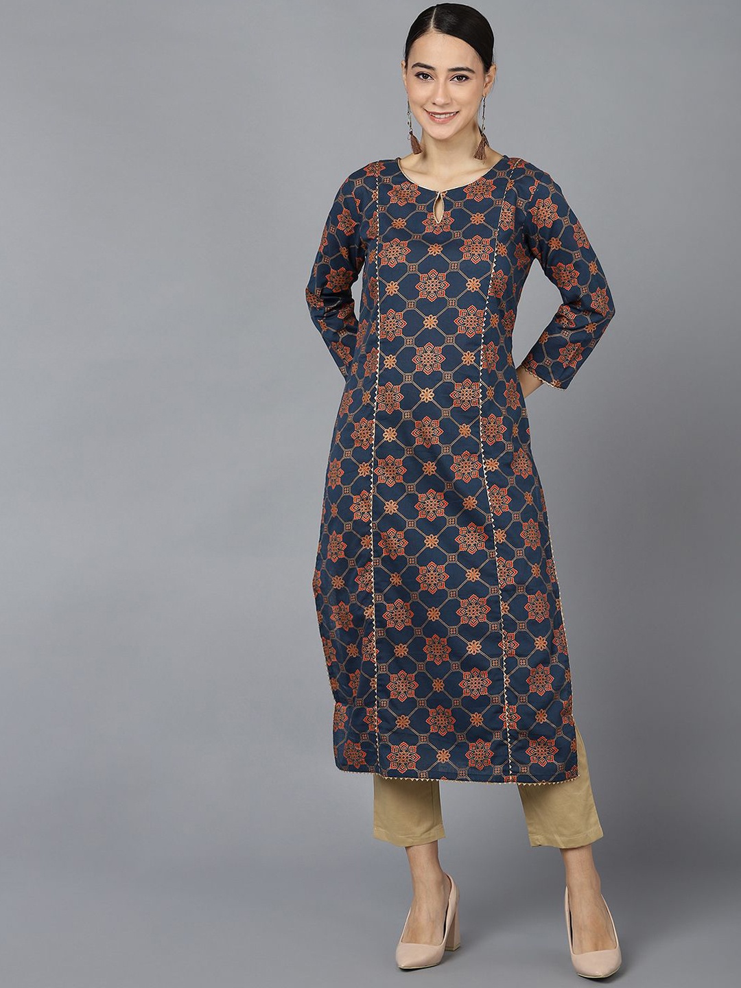 

KALINI Ethnic Motifs Printed Gotta Patti Keyhole Neck Silk Blend Straight Kurta, Navy blue