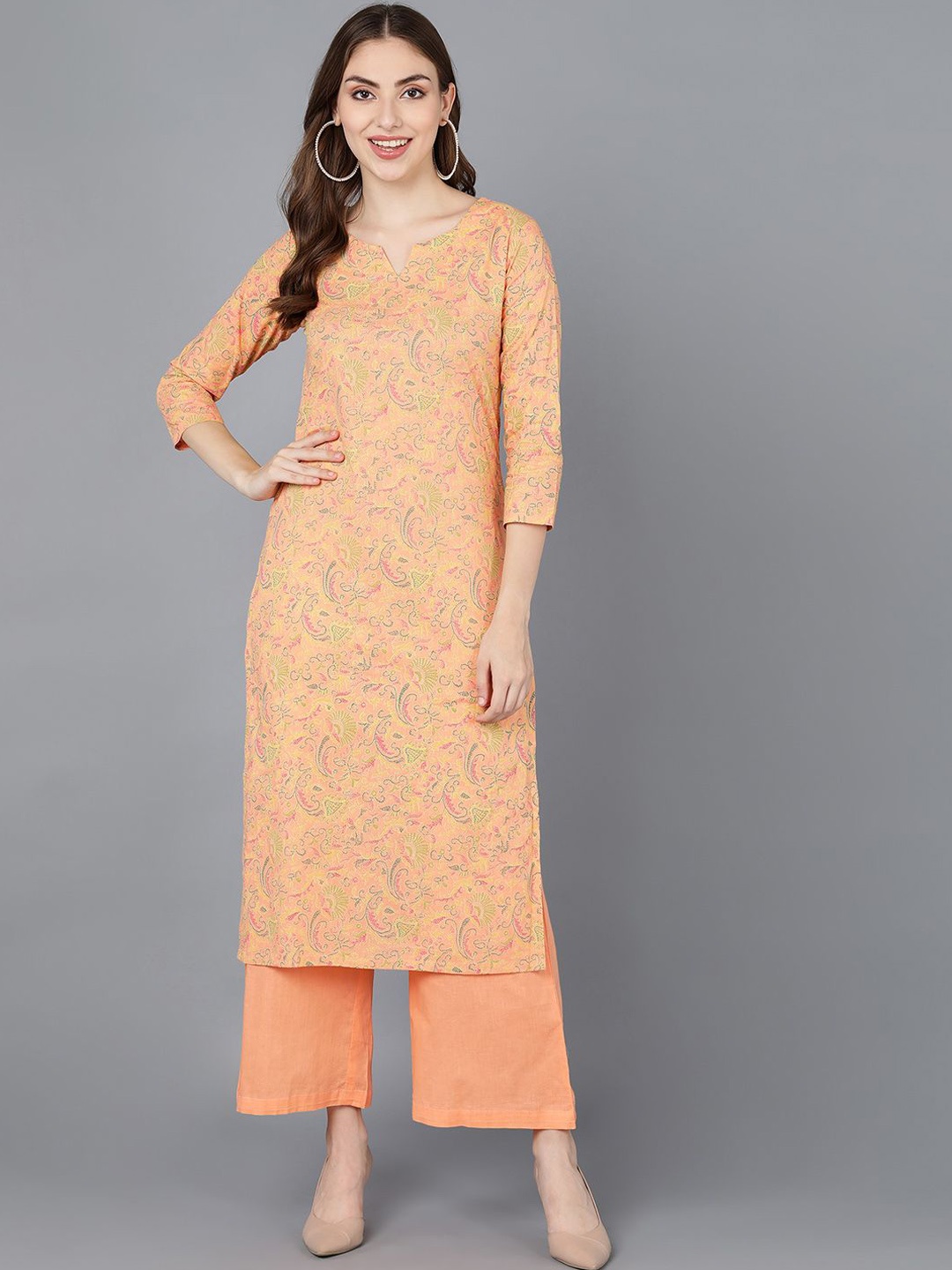 

KALINI Ethnic Motifs Printed Three-Quarter Sleeves Cotton Straight Kurta, Peach