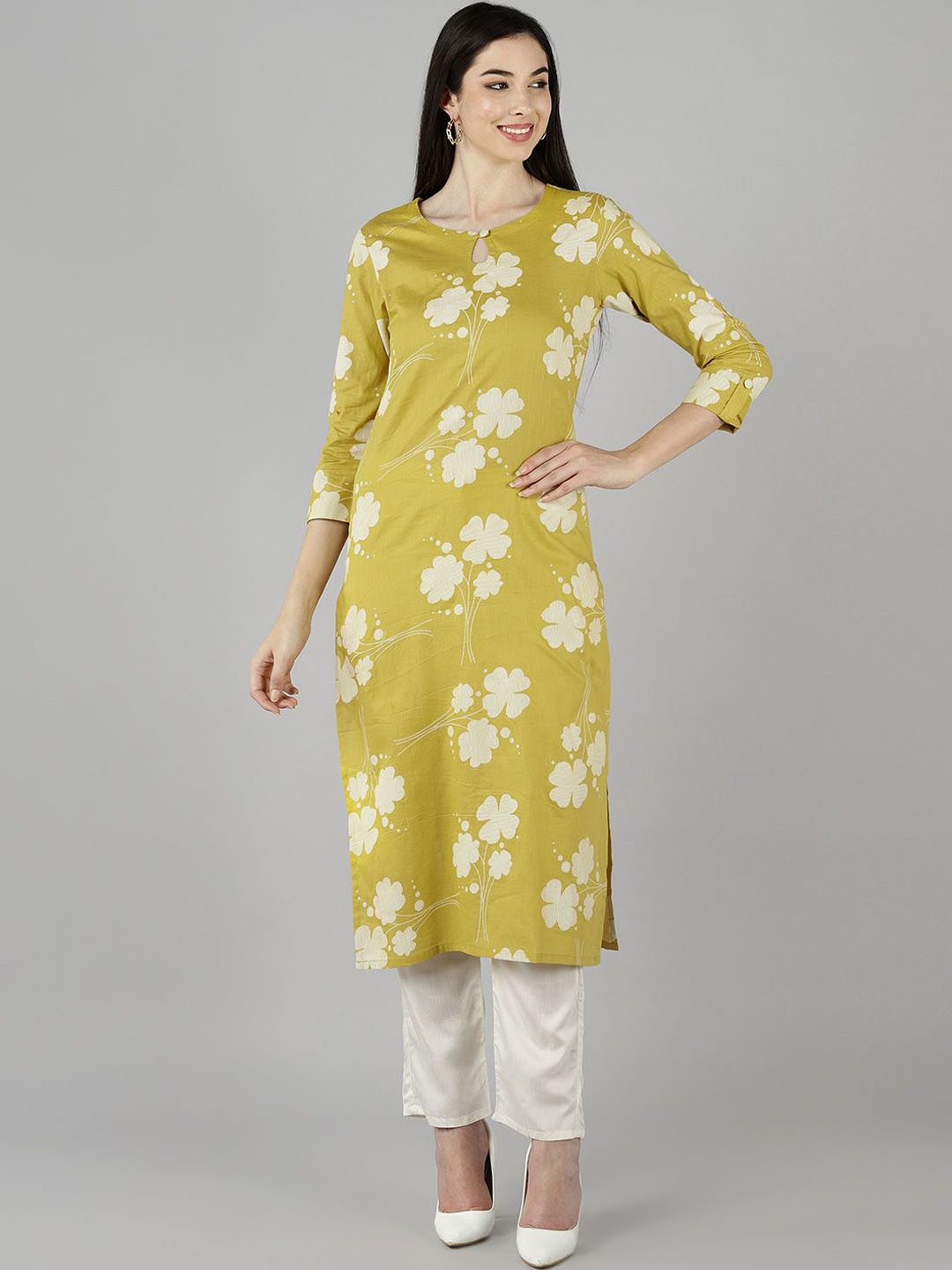

KALINI Floral Printed Keyhole Neck Straight Kurta, Yellow