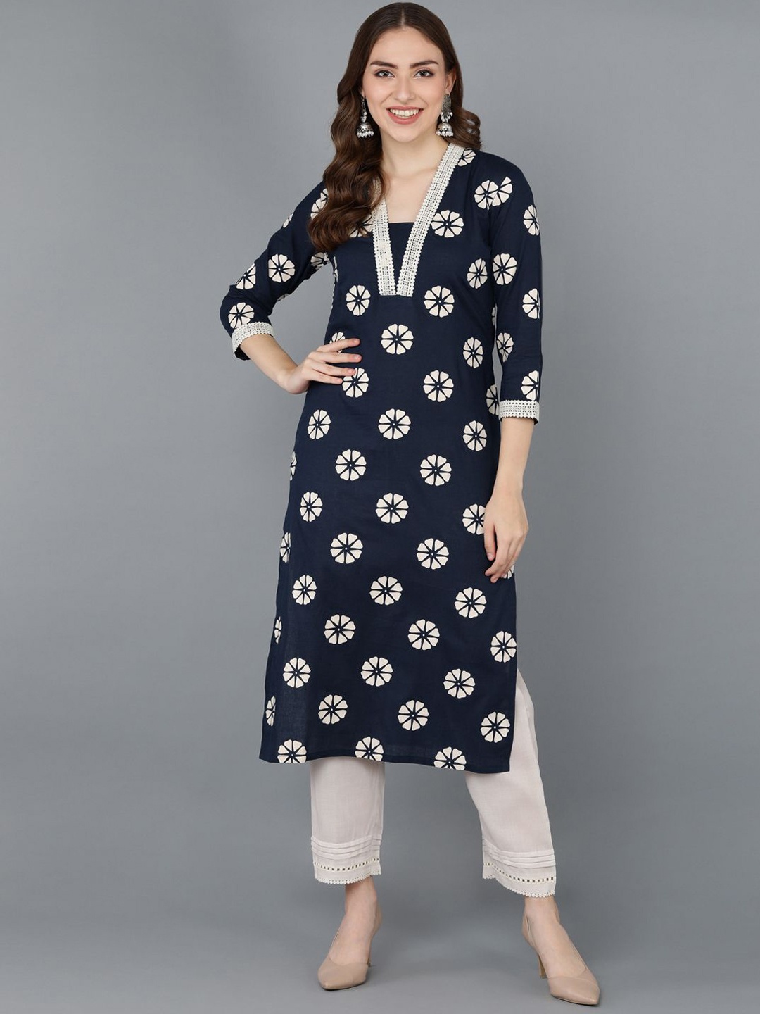 

KALINI Floral Printed V-Neck Gotta Patti Kurta, Blue